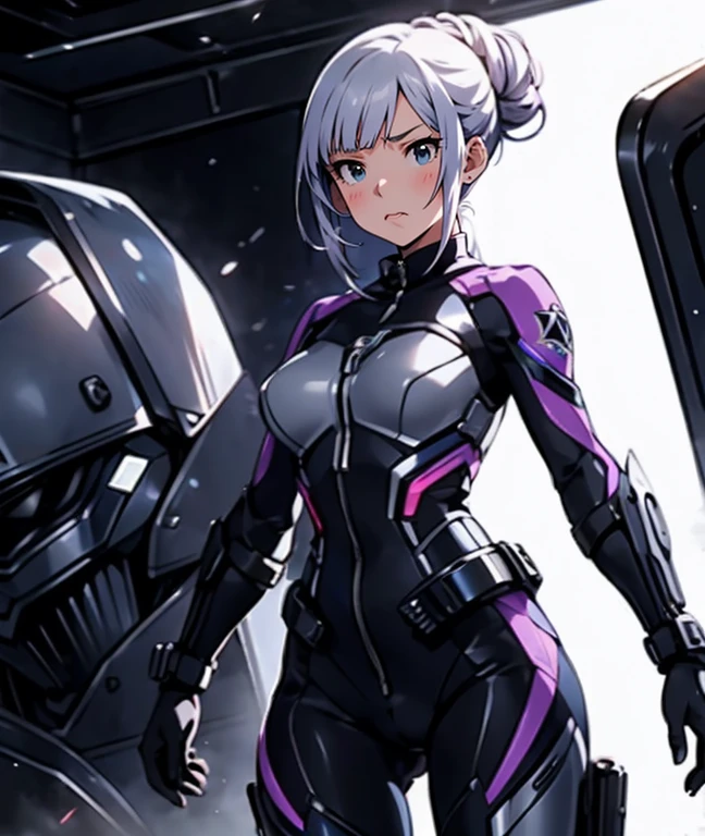 The protagonist of a new special effects drama、Space Sheriff Jasmine、-yeld fee、only one girl, half side bun hair, shortcut hair, silver purple hair, slender, Wearing a combat suit like Space Sheriff Gavan、Combat suits are protected by titanium、The combat suit is very high-legs and very tight and hugs the body.、The suit is gold with black accents、She is removing her helmet、(medium breasts), (medium hips), (The suit has a feminine shape that makes the most of the curves)、(The shape of the breasts is clearly visible), The waist of the suit is tightly cinched  the private parts.、There is a zipper that runs from the vulva to the anus and can be opened when urinating or defecating.、The titanium protector is thick and divided into three parts: chest, abdomen, and waist.、Inspired by Robocop design、