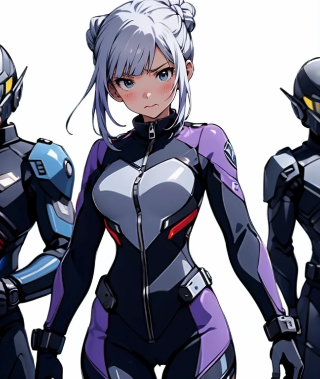 The protagonist of a new special effects drama、Space Sheriff Jasmine、17-year-old female、only one girl, half side bun hair, shortcut hair, silver purple hair, slender, Wearing a combat suit like Space Sheriff Gavan、Combat suits are protected by titanium、The combat suit is very high-legs and very tight and hugs the body.、The suit is gold with black accents、She is removing her helmet、(medium breasts), (medium hips), (The suit has a feminine shape that makes the most of the curves)、(The shape of the breasts is clearly visible), The waist of the suit is tightly cinched  the private parts.、There is a zipper that runs from the vulva to the anus and can be opened when urinating or defecating.、The titanium protector is thick and divided into three parts: chest, abdomen, and waist.、Inspired by Robocop design、