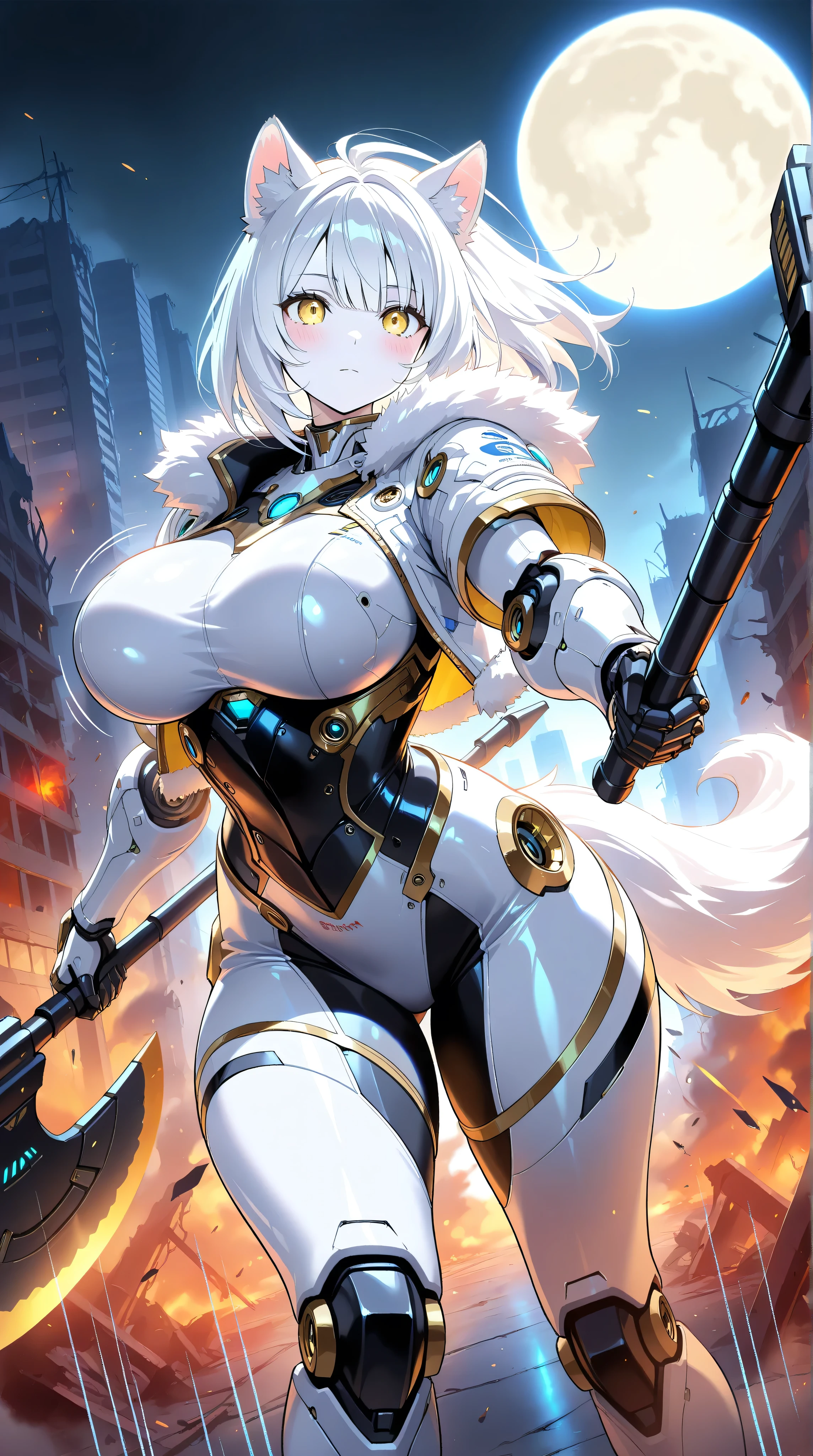 masterpiece,best quality,official art,extremely detailed CG unity 8k wallpaper,extremely detailed background, fantasy art, intricate details, (Sci-fi style), (Mechanical style),1girl,huge_breasts,Mechanical body,mechanical parts,mecha corset,robot joints,mechanical arms,(whole body),thick thighs,lustrous skin,shiny skin,pale skin
(white mastiff armor),(white fur trim),gold trim,(white intricate mechanical bodysuit),white Functional clothing,dog ears,dog tail
outdoor,building_ruins,burning city,black night,full moon
expressionless,blush,standing,Wielding a axe,cleaving,incoming cleave,incoming attack,dynamic angle,speed line,motion lines,bouncing-breasts,unaligned-breasts
yellow eyes,detailed beautiful eyes,finely detailed eyes
(white hair,crew cut,blunt_bangs,hair_between_eyes,reflective hair,