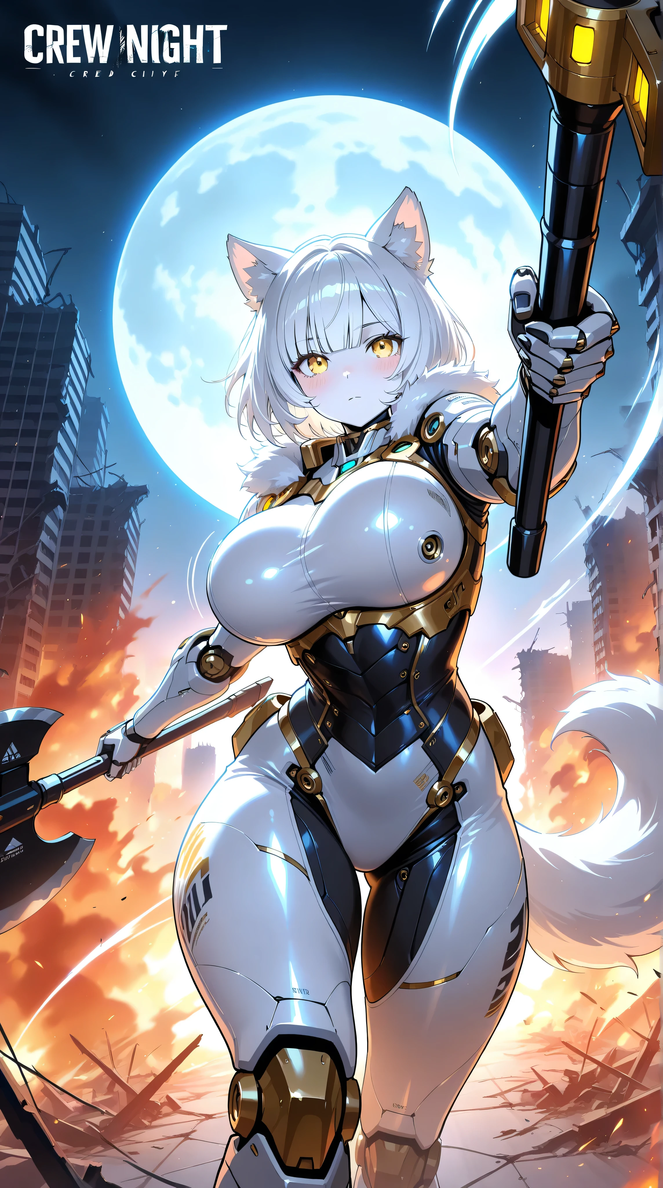masterpiece,best quality,official art,extremely detailed CG unity 8k wallpaper,extremely detailed background, fantasy art, intricate details, (Sci-fi style), (Mechanical style),1girl,huge_breasts,Mechanical body,mechanical parts,mecha corset,robot joints,mechanical arms,(whole body),thick thighs,lustrous skin,shiny skin,pale skin
(white mastiff armor),(white fur trim),gold trim,(white intricate mechanical bodysuit),white Functional clothing,dog ears,dog tail
outdoor,building_ruins,burning city,black night,full moon
expressionless,blush,standing,Wielding a axe,cleaving,incoming cleave,incoming attack,dynamic angle,speed line,motion lines,bouncing-breasts,unaligned-breasts
yellow eyes,detailed beautiful eyes,finely detailed eyes
(white hair,crew cut,blunt_bangs,hair_between_eyes,reflective hair,