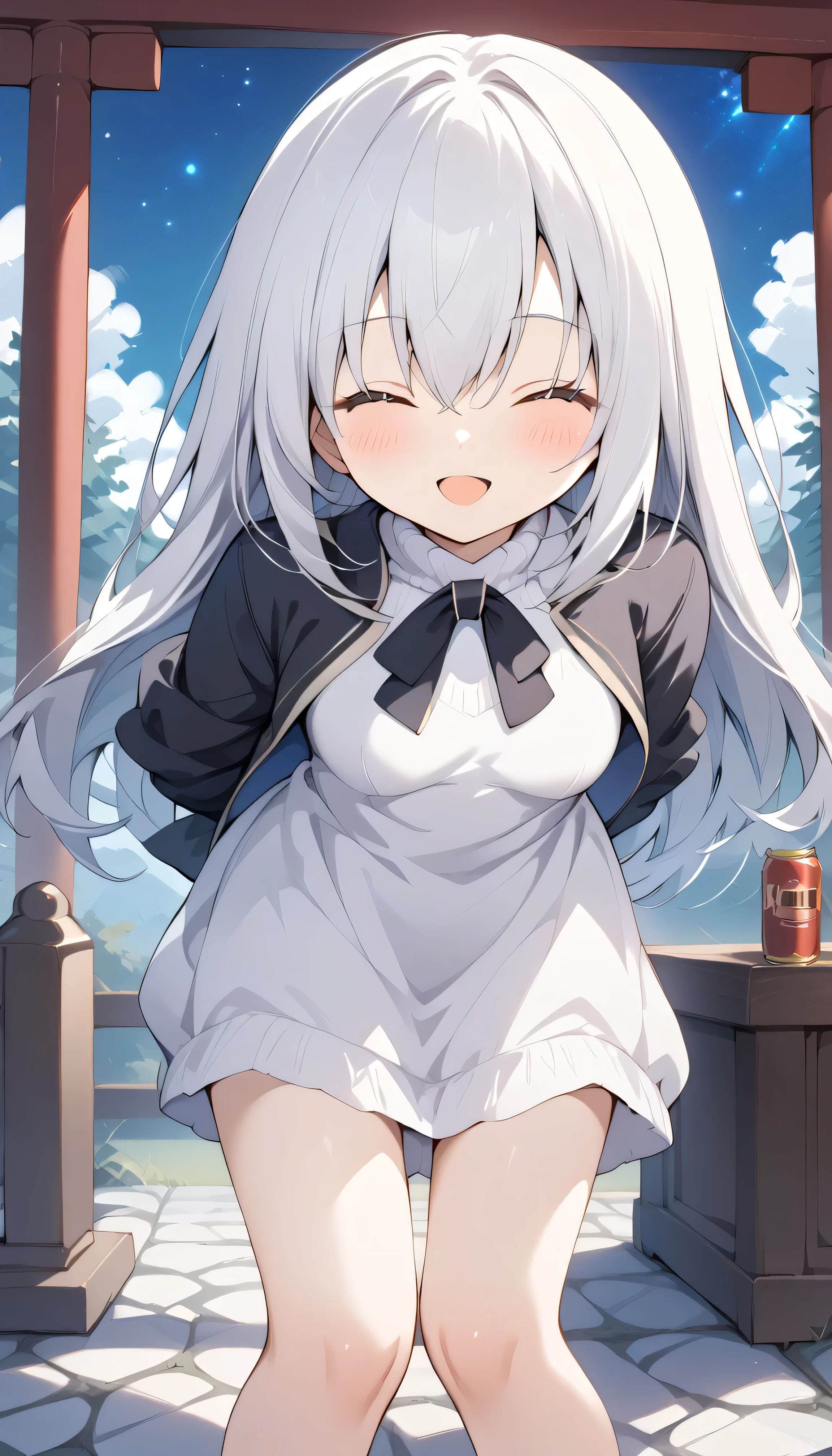 white hair closed eyes small breasts long hair stupid hair Alone, can see his eyebrows from inside his hair, hair between eyes , Watch Viewers , masterpiece, top quality , Outdoors field shrine in the night Night Sky starry sky snowy first visit of the year to a shrine Cobblestones steam winnter background, White Breath sweater dress open mouth smile leaning forward fold your hands behind your back leather jacket blush