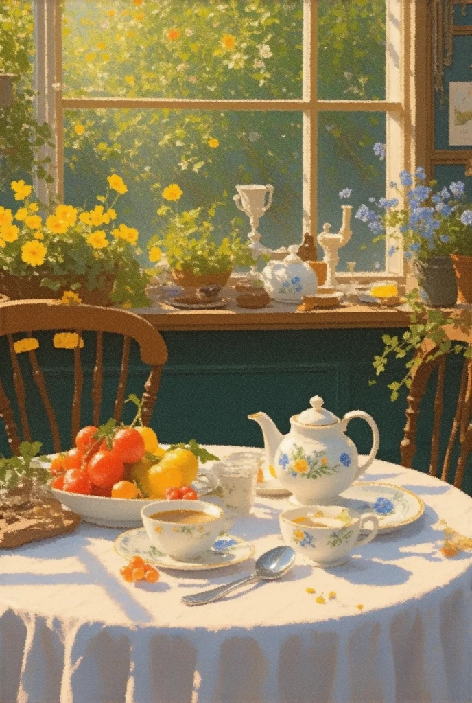 painting of a table with a you can, you can, There's also a cup of tea on it  , Early summer morning, Early summer morning light, author：Konstantin Westchilov,  by Konstantin Savitsky , Summer environment, ,  Andrey Godiev , inspired author：Konstantin Westchilov, Impressionism,  bright morning light ,  Romantic painting , At sunrise