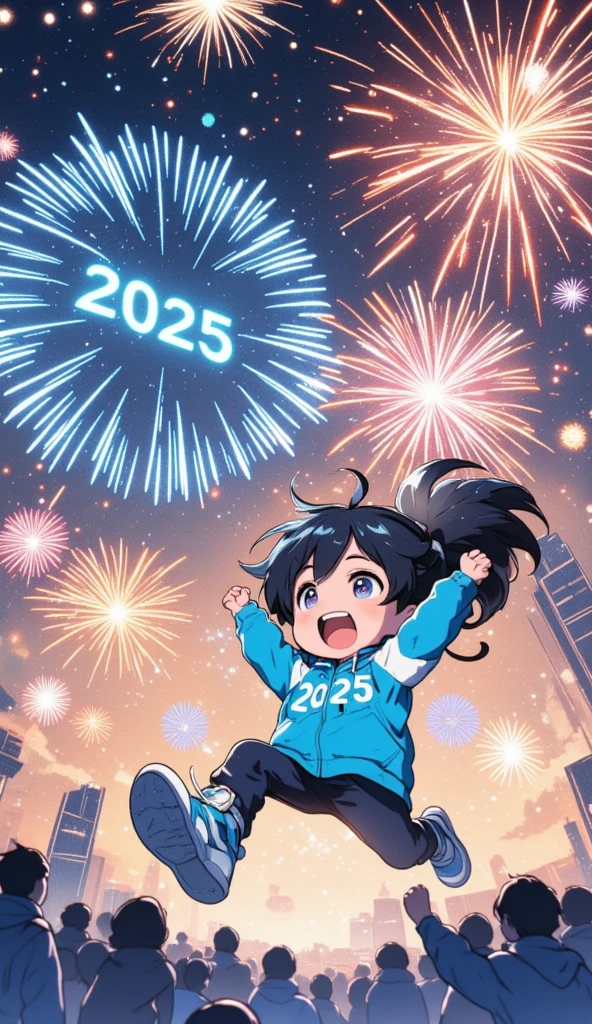 a chibi boy, big sneakers, excited, sporty jacket, jumps up, fireworks, crowd looking at boy, huge "2025" written in fireworks, "2025" written on t-shirt, low angle