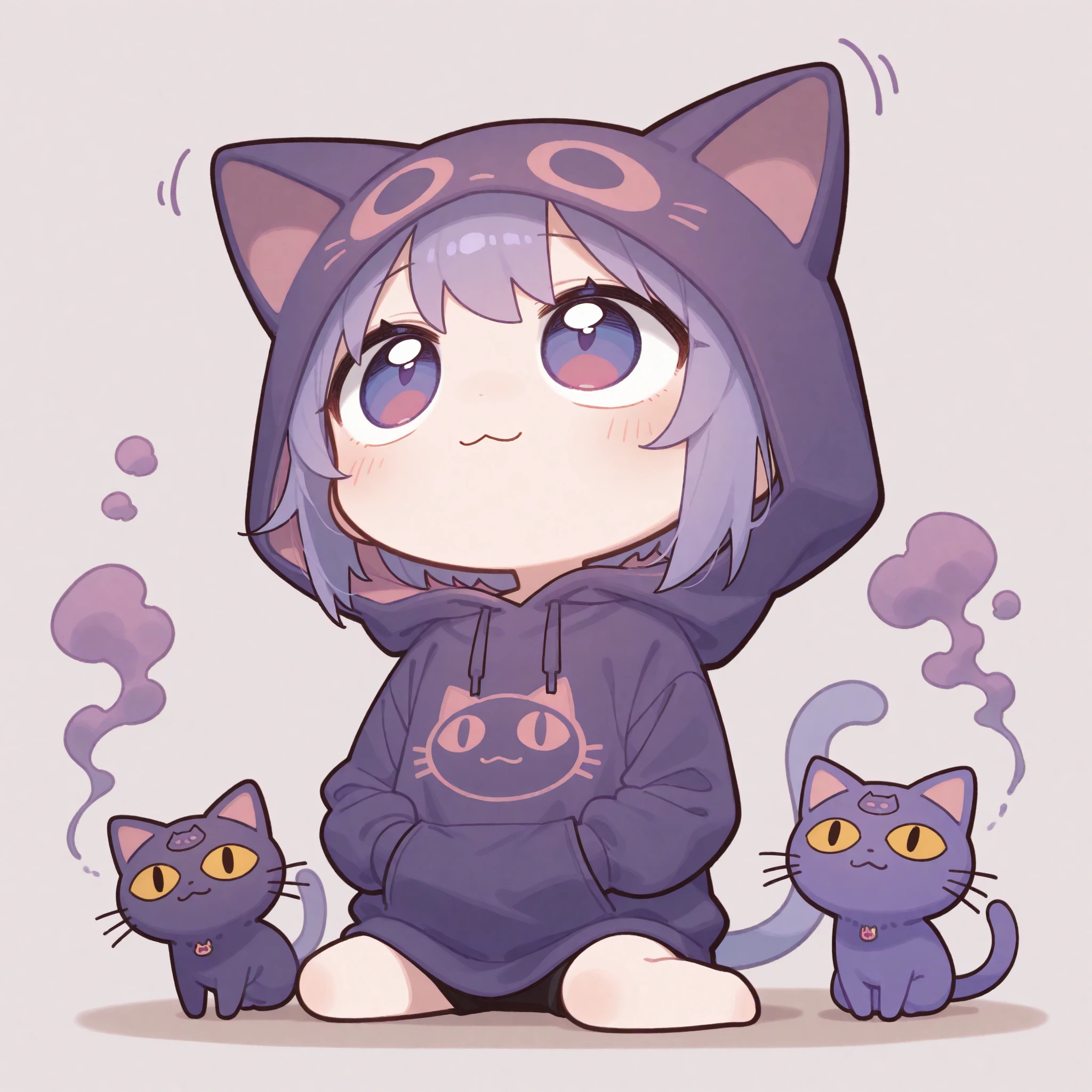 masterpiece, best quality,(Very Simple Drawing:1.2), (Deformation:1.0), (Comical:1.3), solo,1girl\((Chibi:1.4), Beautiful, Young, (purple Cat Hoodie:1.5),(purple Cat ear Hoodie\(cat face printed\):1.5),purple cat-tail,purple eyes,big eyes,detailed pupils, short white straw at mouth,(Good Mood:1.2), (Hands in Pocket:1.0),purple smoke from straw,sit on the ground,rough pose,looking up,looking away\), simple background