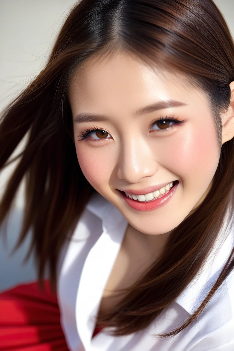 a photorealistic close up of a 21 year old Japanese-Korean female in a red skirt and white shirt, long brown hair, attractive, beautiful, cute, feeling joyful