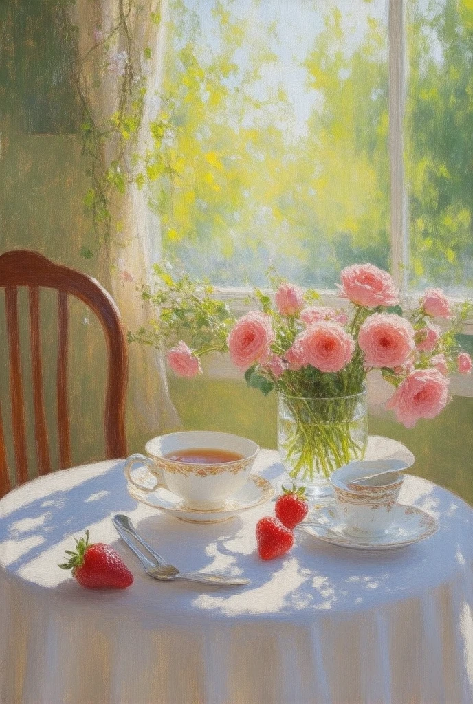 painting of a table with a you can, you can, There's also a cup of tea on it  ,  康斯坦丁·韦斯特奇洛夫的Impressionism画作, tumblr, 美国Impressionism, Early summer morning, Early summer morning light, Summer environment,  Andrey Godiev , Impressionism,  bright morning light ,  Romantic painting , At sunrise,  Vitaly Bugarov , Summer Night