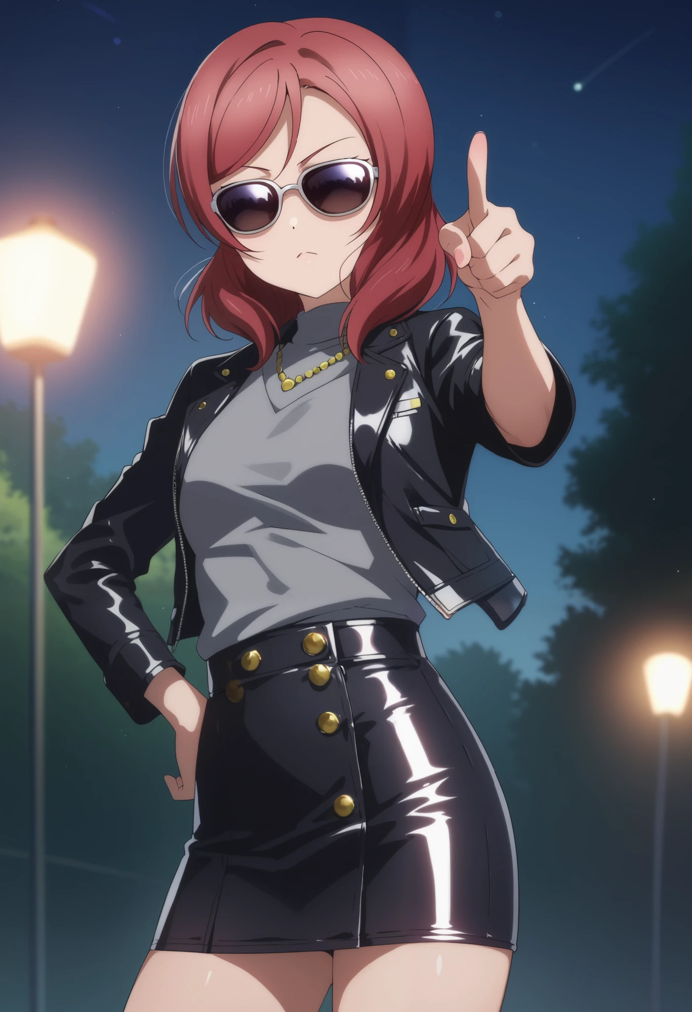 Nishikino maki, covered eyes, love live , (midriff:0.5), detailed body, shiny skin , standing , black leather jacket over a dark grey shirt, latex skirt, sunglasses, night ,p4l0m4,one hand on hip, pointing to viewer,red hair,anime, love live, detailed breasts