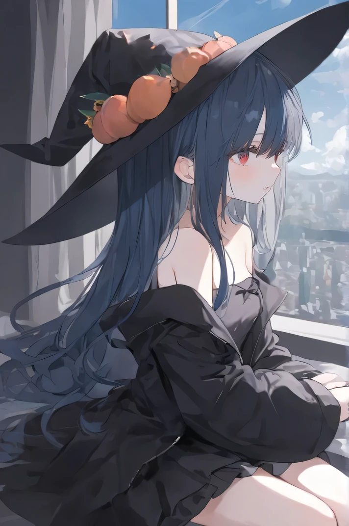 Very detailed（Fractal Art 1.2），The most detailed， a girl ， expressionless face ，Dark blue long hair，Long bangs， Bright Red Eyes ， Pale Albinism ，wearing stockings， wearing pure black clothes ， wearing a jacket of the wrong size， wearing a witch hat , blue hair，sit by the window， dull color ， bleak expression, Ultra HD,  Very detailed,  high detail，profile,unhappy ， strapless，Bare shoulders， city background ，sit by the window，Dim colors