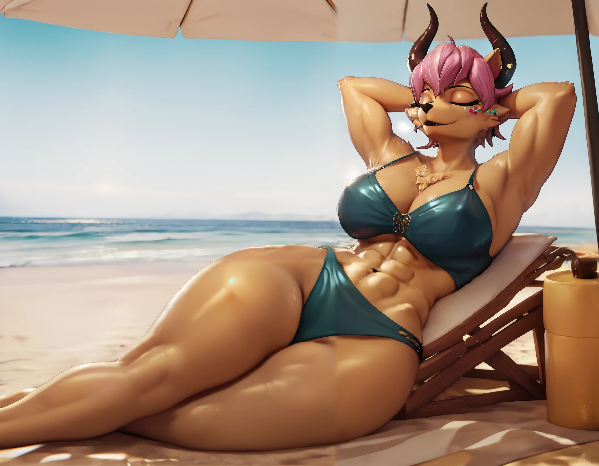 A beautiful furry woman Queen Beelzebub, sunbathing on the beach, serene ocean waves in the background, golden sunlight, detailed facial features, intricate fur textures, 8k, highly detailed, cinematic lighting, warm color tones, natural environment, muscle definition, elegant pose,