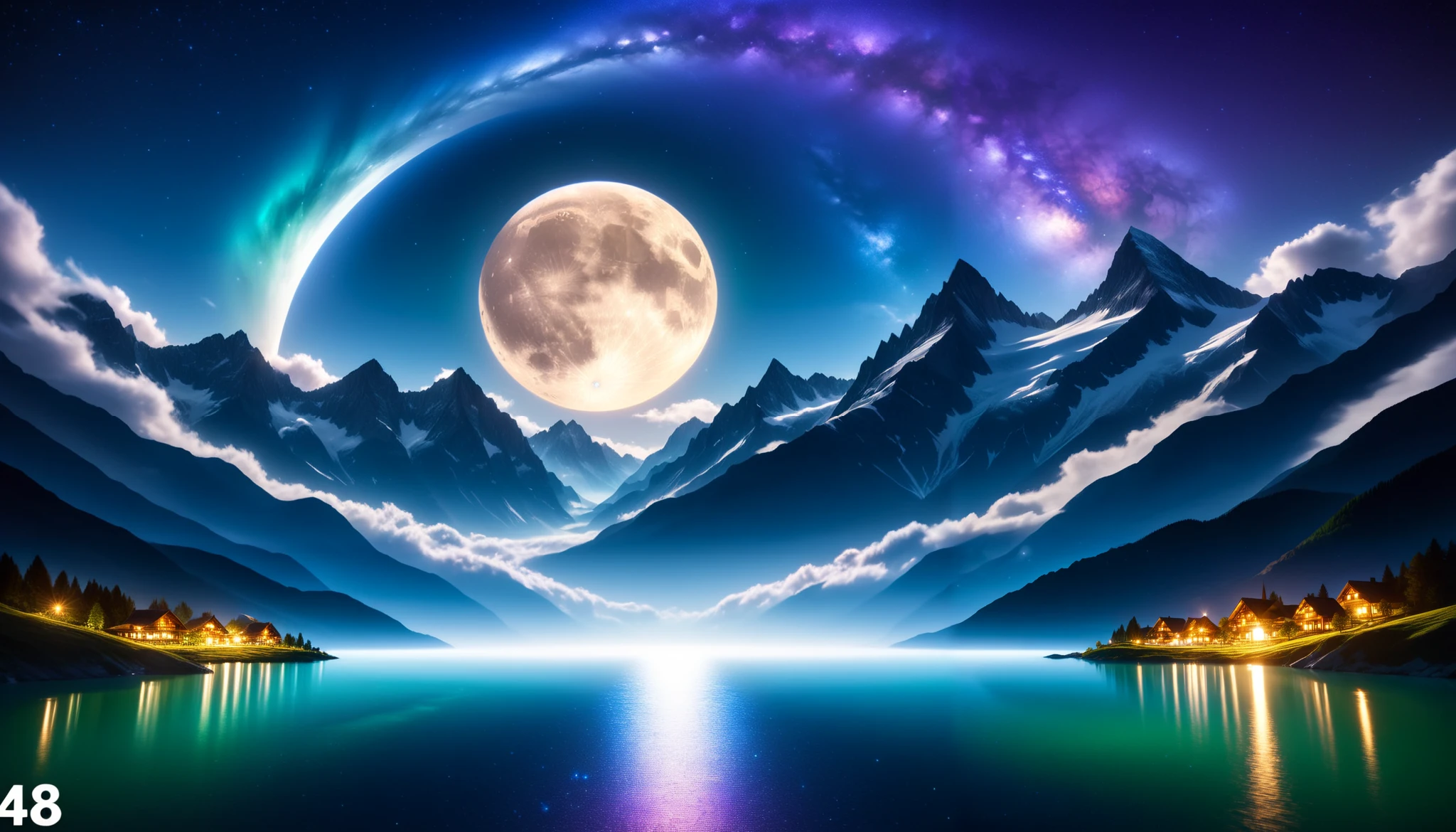 (greenく光る巨大な月),巨大なgreenい月, super high image quality, high definition , High Quality ,Detailed Scenery ,Night Sky,（Milky Way Galaxy）,The Alps,The giant moon and stars moving to the lake々, beautiful artistic illustration, Ultramarine, green,  Purple , black, Majestic Atmosphere,An epic and mysterious moon,