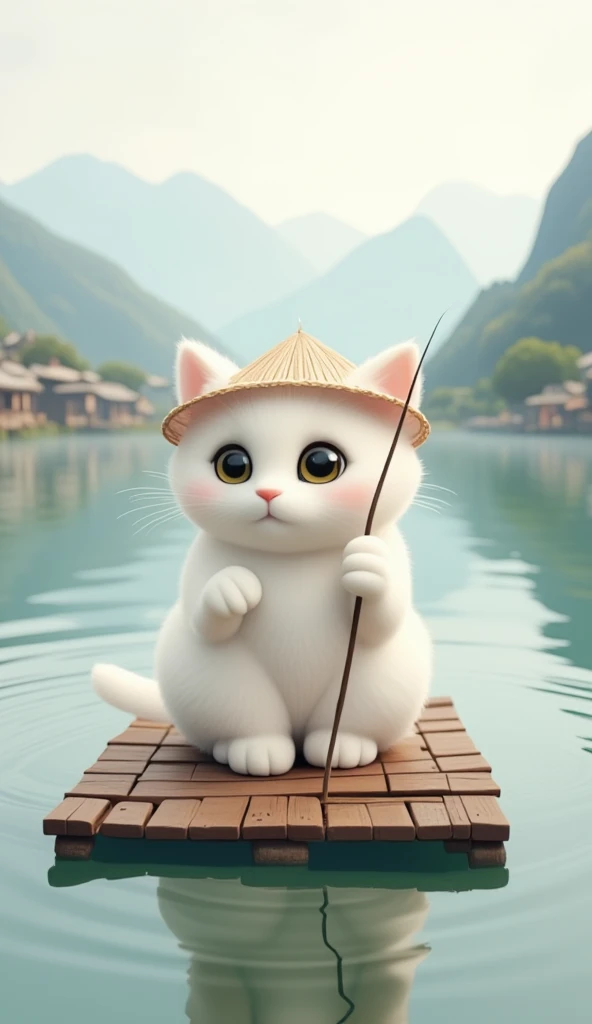 A cute anthropomorphic white kitten with big, expressive eyes, wearing a traditional bamboo hat, sits on a small wooden raft floating on a serene lake surrounded by misty mountains, holding a tiny fishing rod.