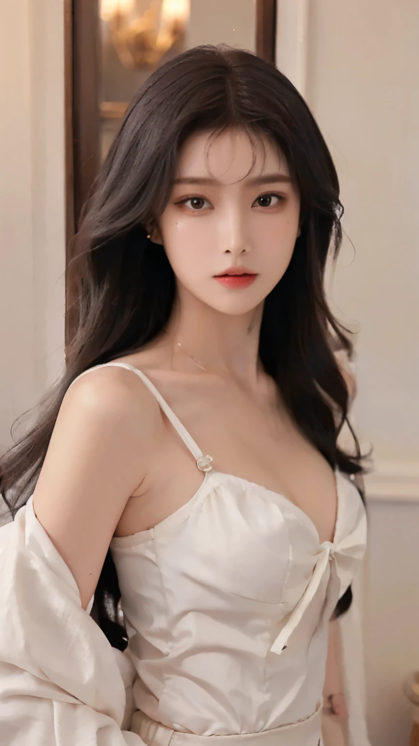 (Masterpiece, photo realistic, high resolution:1.3, RAW Photo, Ultra detailed), (upper body), 1 girl with perfect figure, super fine face and eyes, black curly hair, unisex outfit, inside house, (small breasts), high nose bridge, heart shape lips, glow up, pale skin