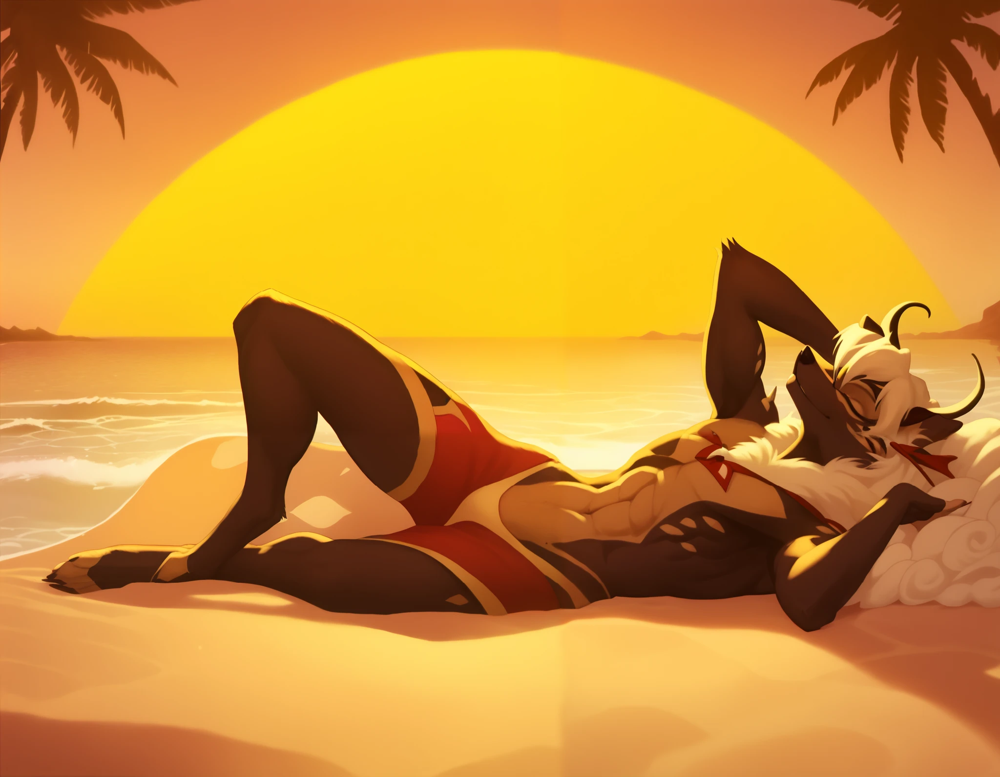 A beautiful furry woman Queen Beelzebub, sunbathing on the beach, serene ocean waves in the background, golden sunlight, detailed facial features, intricate fur textures, 8k, highly detailed, cinematic lighting, warm color tones, natural environment, muscle definition, elegant pose,