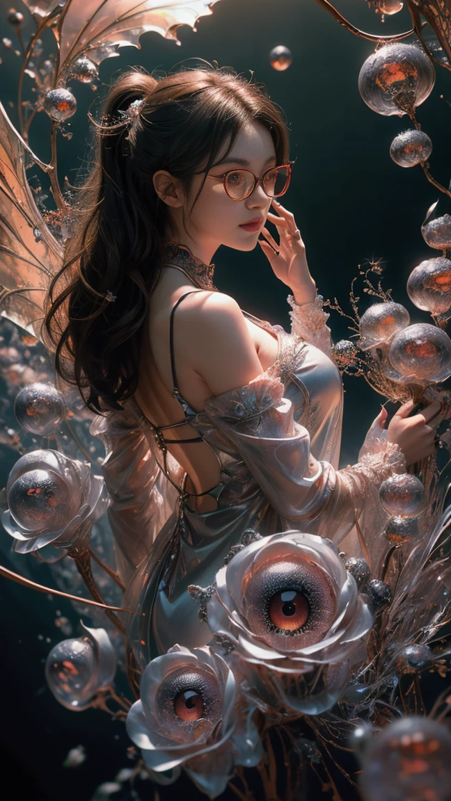 (The best illustrations)、realisitic、ultra-detailliert、The best lighting、Best Shadows、alluring succubus, ethereal beauty, perched on a cloud, (fantasy illustration:1.3), enchanting gaze, captivating pose, delicate wings, otherworldly charm, mystical sky, (Luis Royo:1.2), (Yoshitaka Amano:1.1), Dungeon and Dragon、caves、Dungeon、 A Necromancer、natta、Dark style、Succubus、Devil's Daughter、Bat Wings，(((Demon Hornlack-rimmed round glasses))))、(red eyes glowing:1.6)、​beautiful countenance、Tindall Effect、(High Detail Skins:1.2) absurderes、Ponytail distortion、jewely、Beautiful expression、Toned waist、Wide buttocks、Tindall Effectmasuter piece、top-quality、Highest Standards、Top image quality、masutepiece、intricate detailes、High resolution、Depth Field、natural soft light、profetional lighting、Great smile、(High Detail Skin: 1.2)、photorealistic anime girl render、Strong highlights of the eyes、Perfect Anatomy、crotch open、Shy、Spreading your legs、Panties are visible、Skirt flipping、Body shiny with oilerectile nipple))、8K resolution、intricate clothing、Intricate details、Panties visible through the skirt、Panties in full view、Small panties, pink nipple, pink pussy