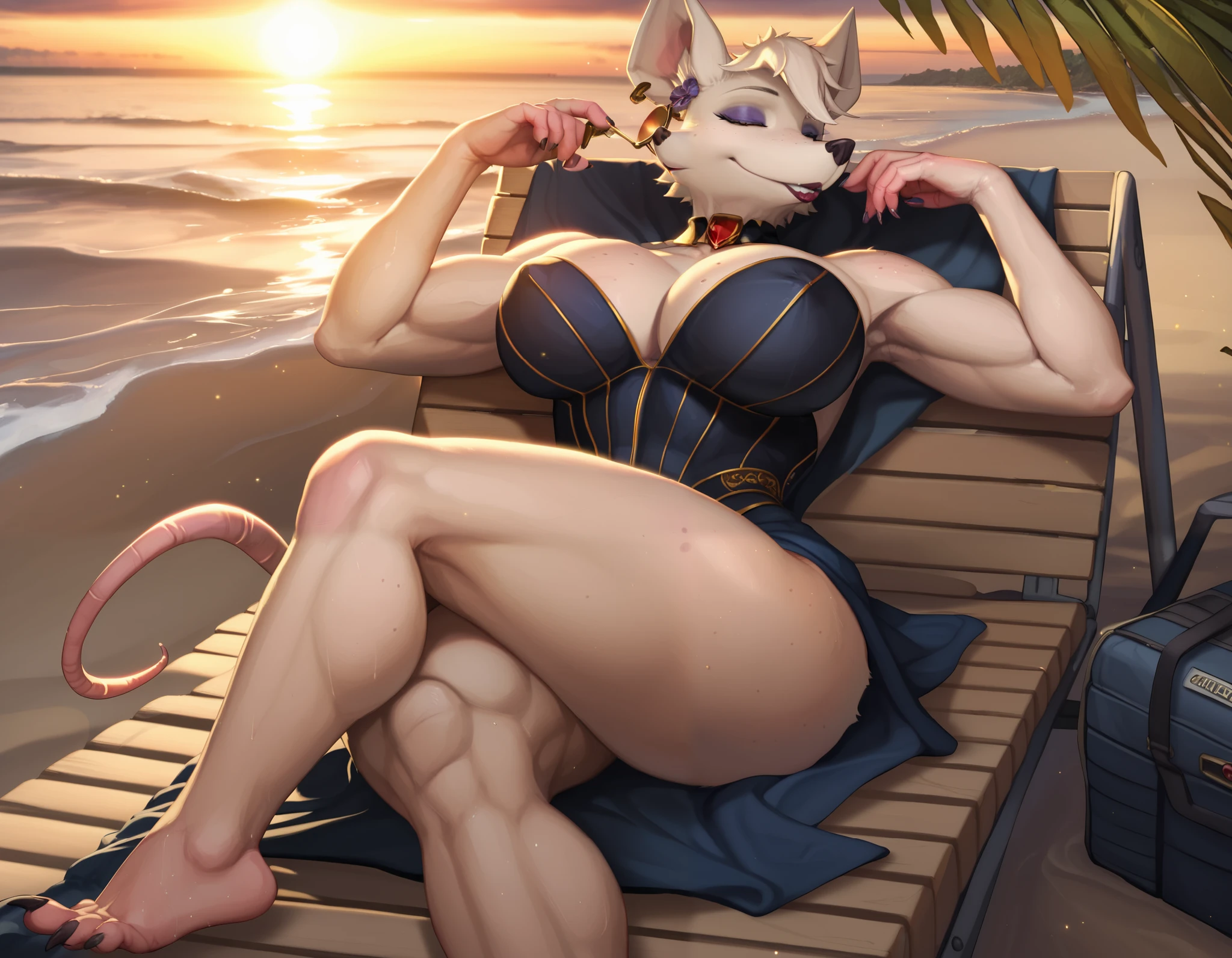 A beautiful furry woman Officer Flint ,rat, sunbathing on the beach, serene ocean waves in the background, golden sunlight, big breasts, detailed facial features, intricate fur textures, 8k, highly detailed, cinematic lighting, warm color tones, natural environment, muscle definition, elegant pose,