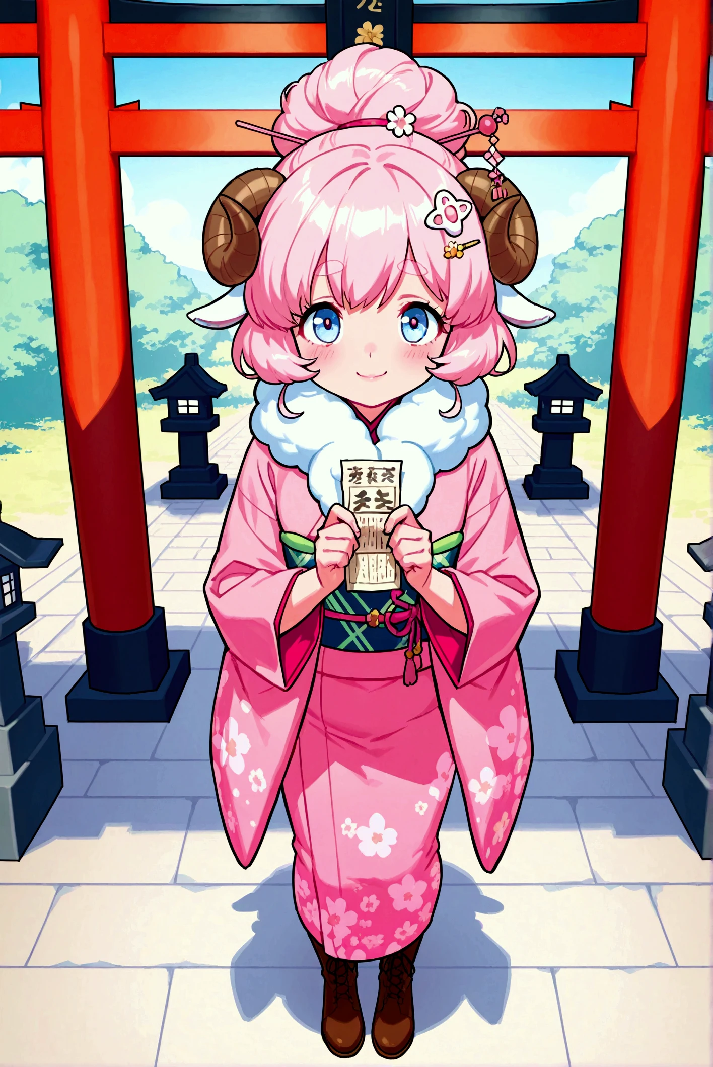 (masterpiece:1.3, top quality :1.3, detailed depiction :1.3, Amazing high definition :1.3, High Quality Anime Paintings ), 1girl, A soft smile:1.3, Pink gloss:1.2,  pink fluffy hair, Tied up hair,,  sheep motif hairpin , round sheep horn :1.2, Thick eyebrows, Pink long-sleeved kimono:1.2, pink long-sleeved kimono:1.2,  with white fur wrapped around the neck,  brown boots , The letters are written with a brush on the unfolded omikuji paper "2025", shrine, Fair stalls line up , torii