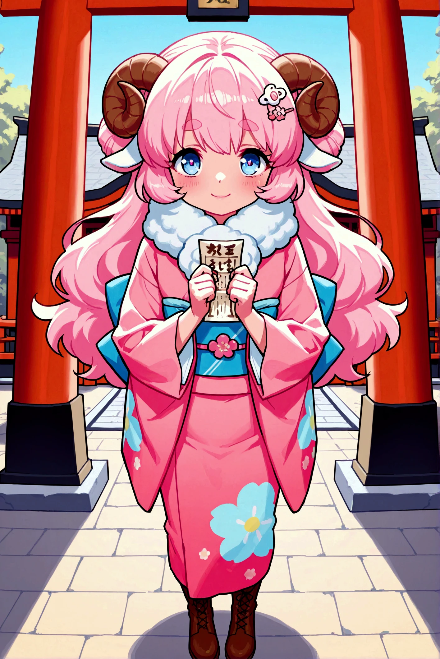 (masterpiece:1.3, top quality :1.3, detailed depiction :1.3, Amazing high definition :1.3, High Quality Anime Paintings ), 1girl, A soft smile:1.3, Pink gloss:1.2,  pink fluffy hair, Tied up hair,,  sheep motif hairpin , round sheep horn :1.2, Thick eyebrows, Pink long-sleeved kimono:1.2, pink long-sleeved kimono:1.2,  with white fur wrapped around the neck,  brown boots , The letters are written with a brush on the unfolded omikuji paper "2025", shrine, Fair stalls line up , torii