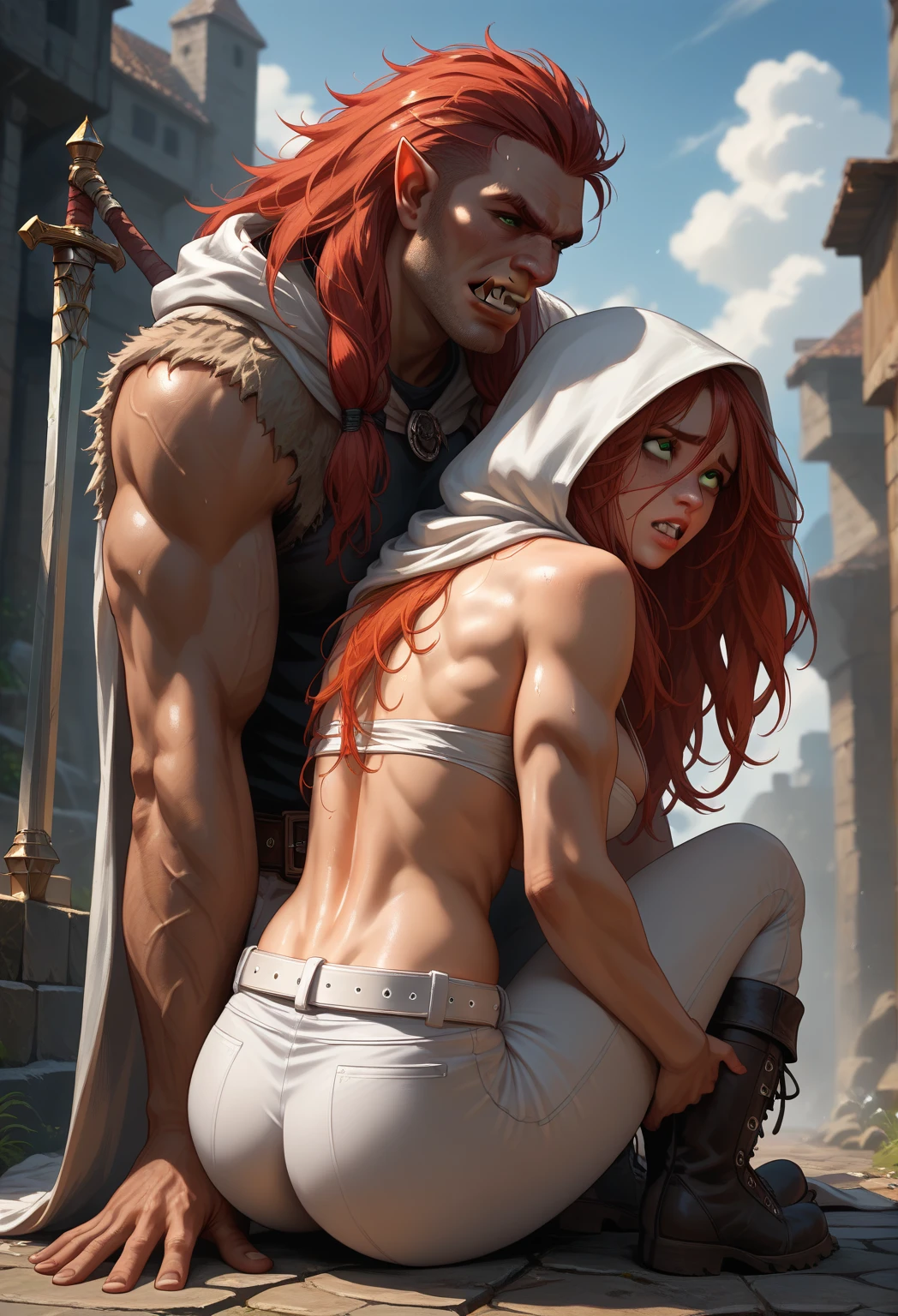 
a storng midly muscular human woman of about 23 years of age with face resembling Motoko with long loose red hair in a spiky free mane and green eyes wearing a tight white t-shirt with cleavage and white belt and a tight white trousers and white boots and white cloak, with a greatsword at her back, slightly above average sized ass and breasts, rolling plains, her ass grabbed by a male orc barbarian, (((correct anatomy)))