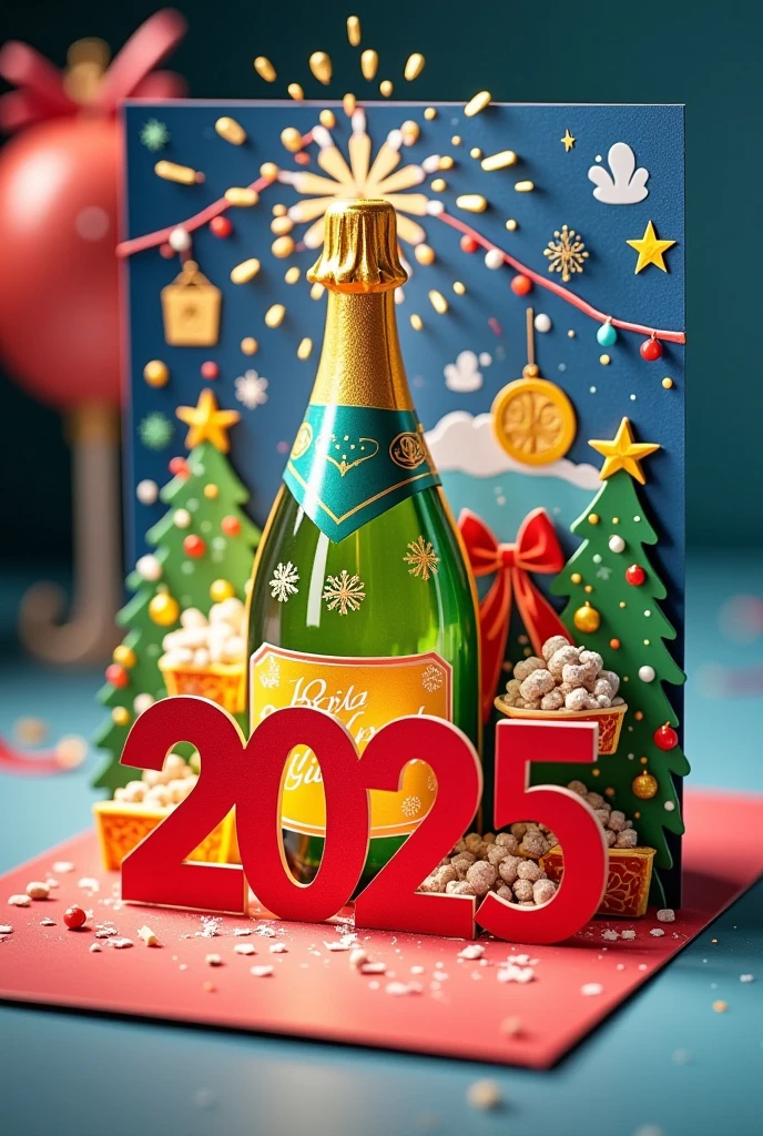 2025 greetings card. 3d, colorful, with a champagne bottle and the cork popping out toward the viewer; card with the sign "Felice 2025 a tutta la 3F da Tony".