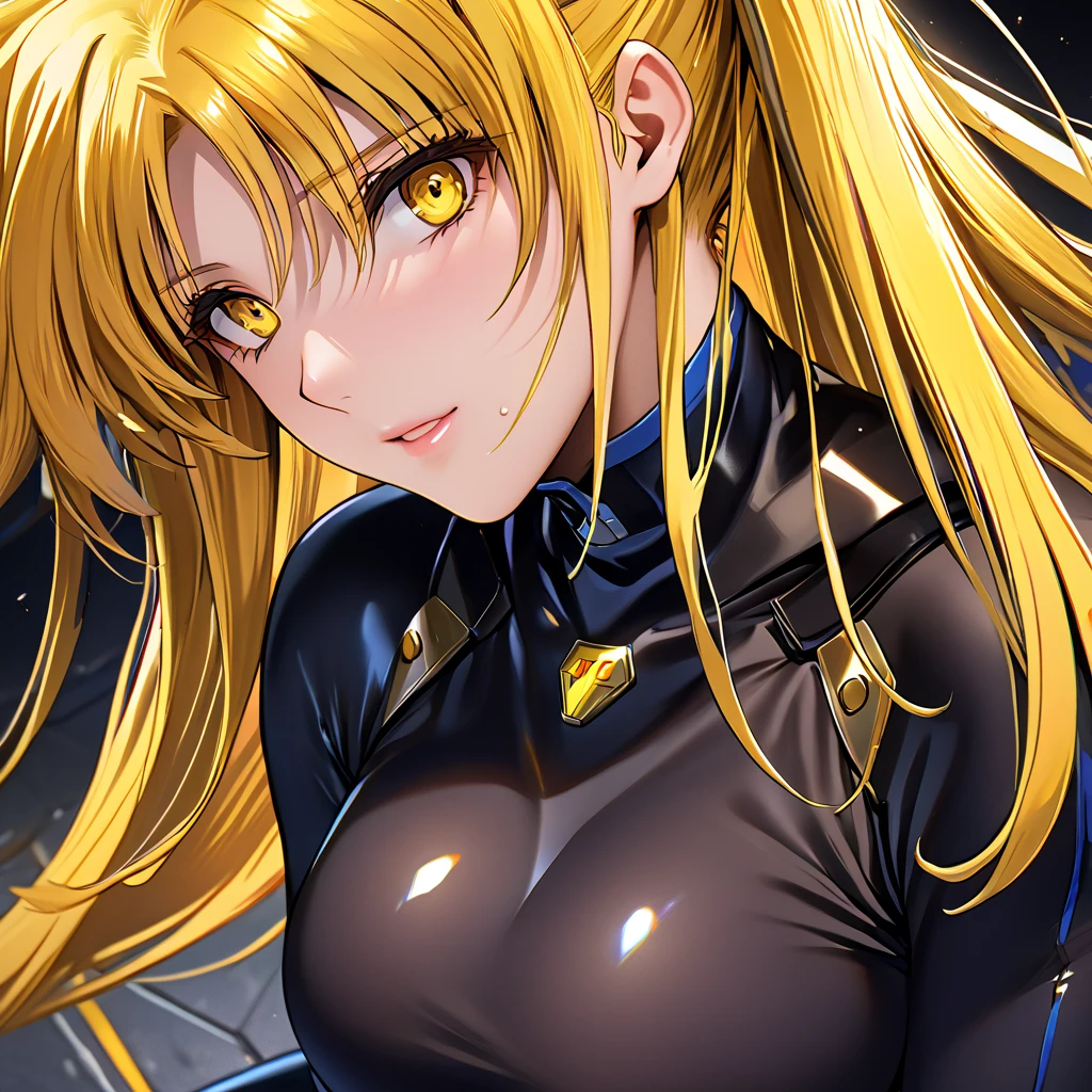 (( top quality )), ((masterpiece)), ( Details), （perfect face）、Blonde Fate Testarossa wears a full-body number suit