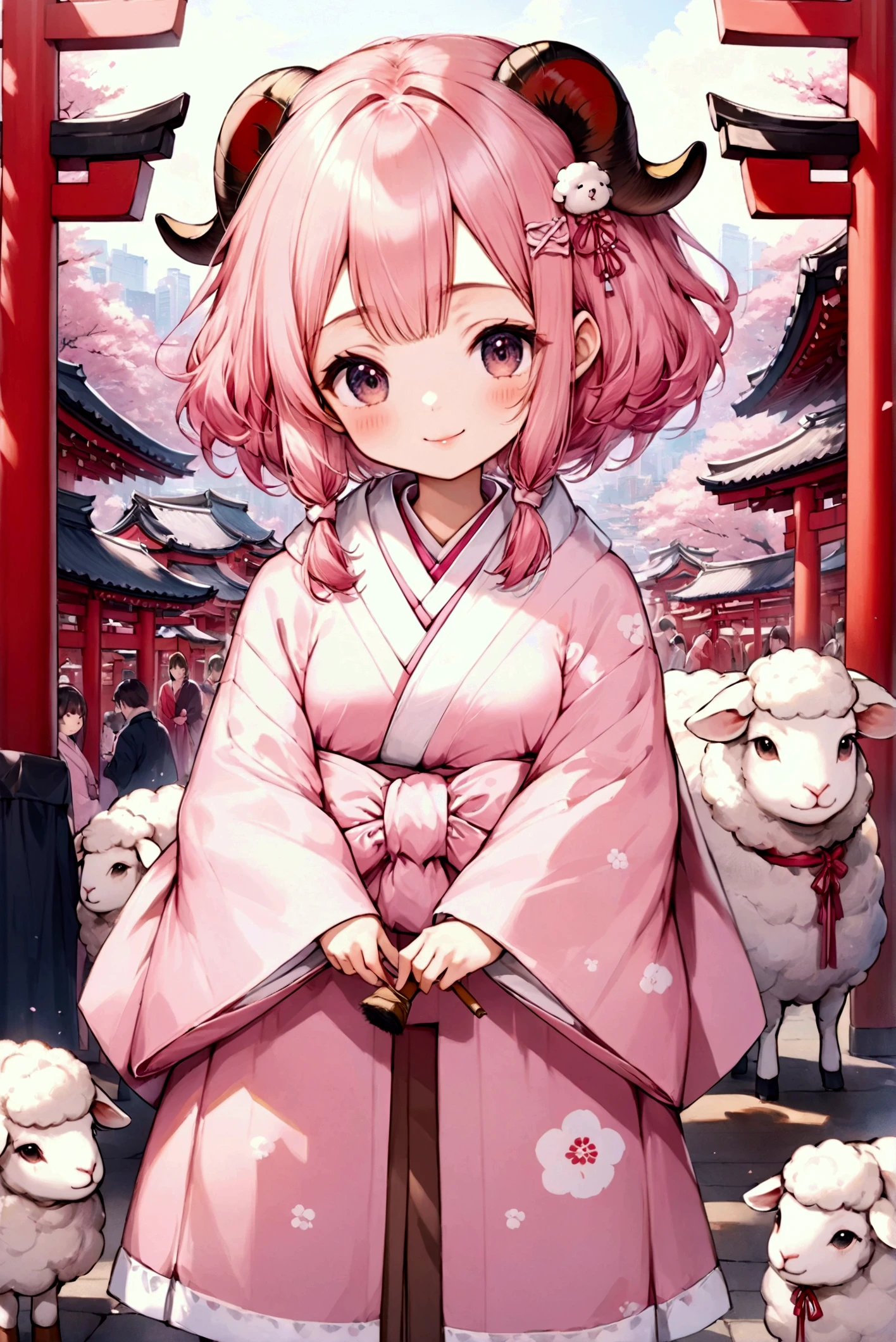 (masterpiece:1.3, top quality :1.3, detailed depiction :1.3, Amazing high definition :1.3, High Quality Anime Paintings ), 1girl, A soft smile:1.3, Pink gloss:1.2,  pink fluffy hair, Tied up hair,,  sheep motif hairpin , round sheep horn :1.2, Thick eyebrows, Pink long-sleeved kimono:1.2, pink long-sleeved kimono:1.2,  with white fur wrapped around the neck,  brown boots , The letters are written with a brush on the unfolded omikuji paper "2025", shrine, Fair stalls line up , torii