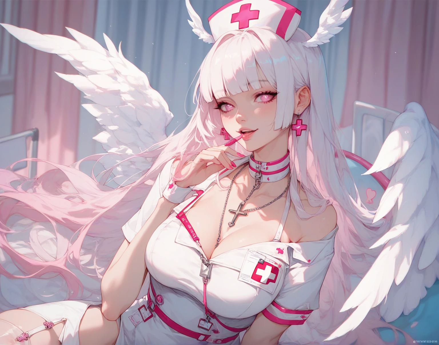 absurderes,Best Quality,Insanely detailed,1 cute lovely girl,Cute smile,Peace,short drill twin tails,aqua hair,Pink eyes,(Round glasses:1.2),(Pink nurse costume:1.2),thighs thighs thighs thighs ,striped over knee high,cleavage,(sagging boobs:1.2),Syringe, Medical records,at hospital,(From below:1.2),sparkly eyes,Beautiful and detailed eyes,glowing pale skin,Cute Pose,Professional Lighting,Cinematic Angel,great theme,Hyper realistic, Perfect Anatomy, Perfect five fingers
