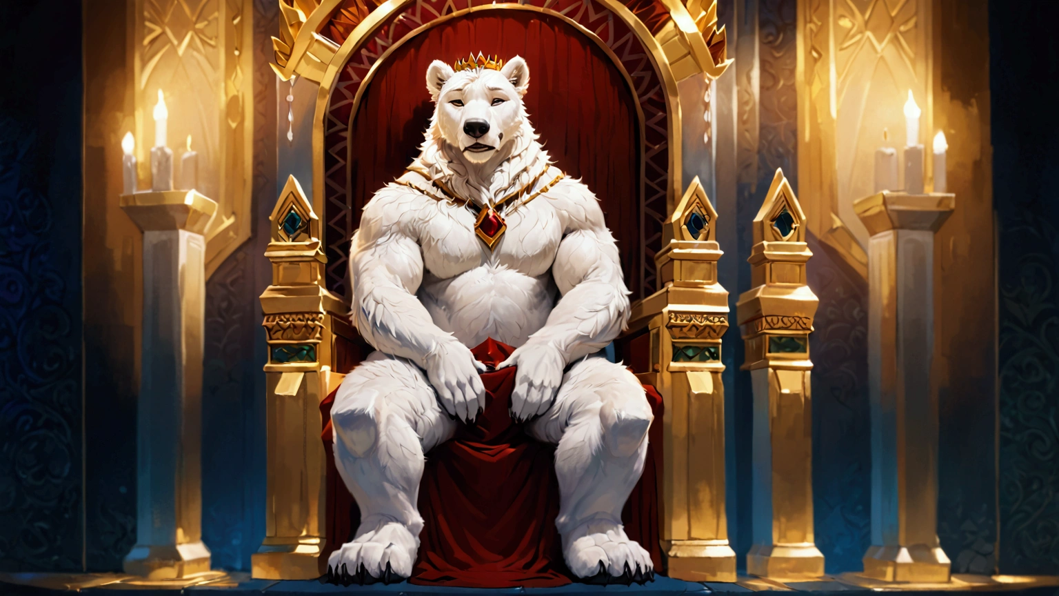 A White Bear KING , with short hair , Sitting on a throne and being worshiped while crying