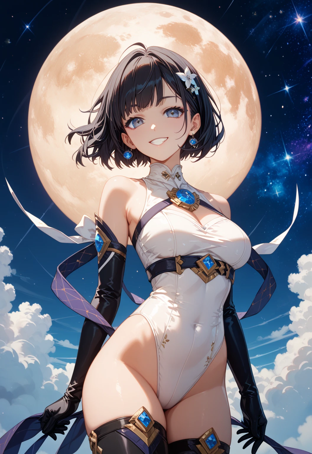 master part, high, high quality, detailed face, Detailed body, full body, slim body, nude body, 08years, loli, 1girl, solo, black hair, short hair, blue eyes, nude shoulders, large breasts, necklace, bracelet, hair ornament, standing, smile closed, clear skin, blushes, night, space, nebula, moon and stars, galaxy