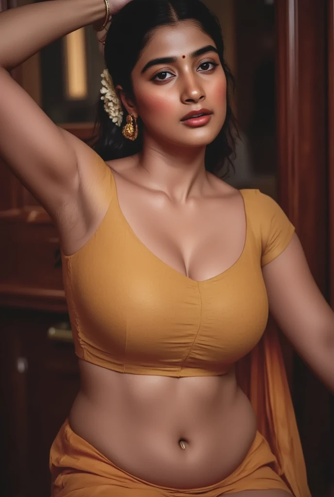 An Indian woman nude sex with warm brown skin stands in a dimly lit room, wrapped in a single piece of soft, flowing cloth that drapes loosely around her body. The fabric gently hugs her curves, leaving her shoulders and legs exposed. Her thick hair is styled in loose waves with delicate white flowers tucked in, and the room is illuminated by soft, cinematic lighting that highlights the contours of her form and the texture of the cloth