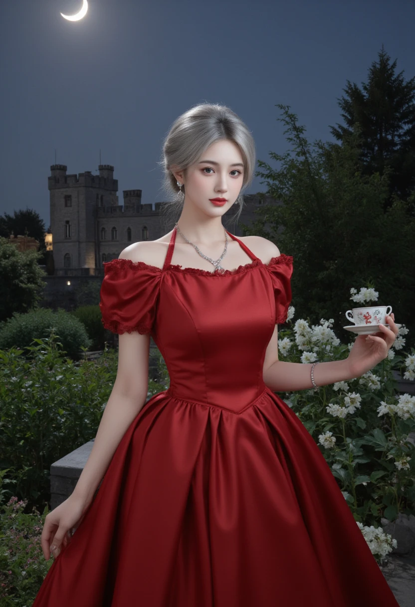 Woman with gray hair, Gray eyes, Copyright Fees,  red dress, Red Jewelry, Red earrings, Moon, noble, lady,  high quality ,  high detail,  detailed facial under panties, masterpiece, castle, Drink tea, garden, Flowers, light