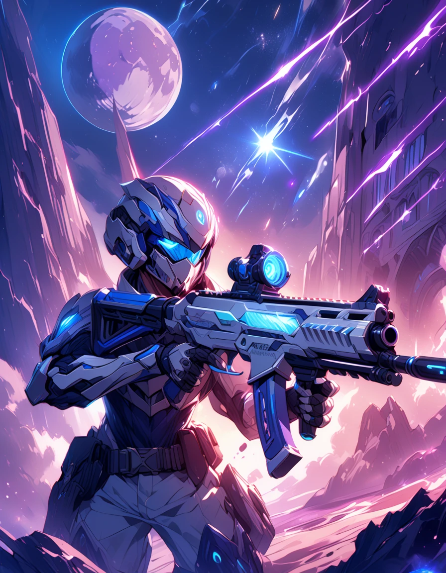 Detailed 8k runic silver technological assault rifle with moon in the background