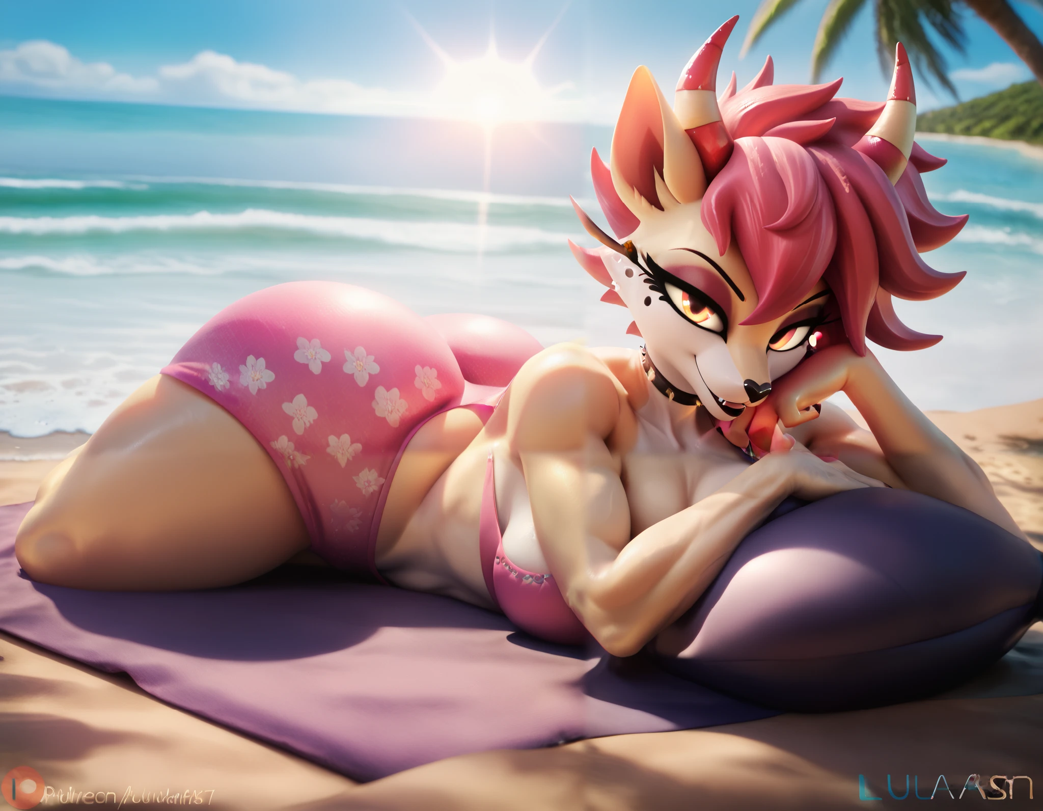 A beautiful furry woman Queen Beelzebub, sunbathing on the beach, serene ocean waves in the background, golden sunlight, detailed facial features, intricate fur textures, 8k, highly detailed, cinematic lighting, warm color tones, natural environment, muscle definition, elegant pose,