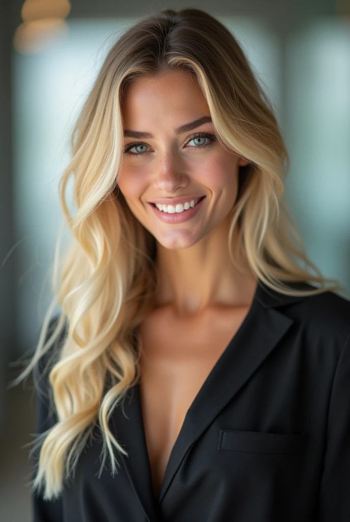Create the image of an elegant woman, She has light hair and is sitting down, she is wearing a black blazer and smiling