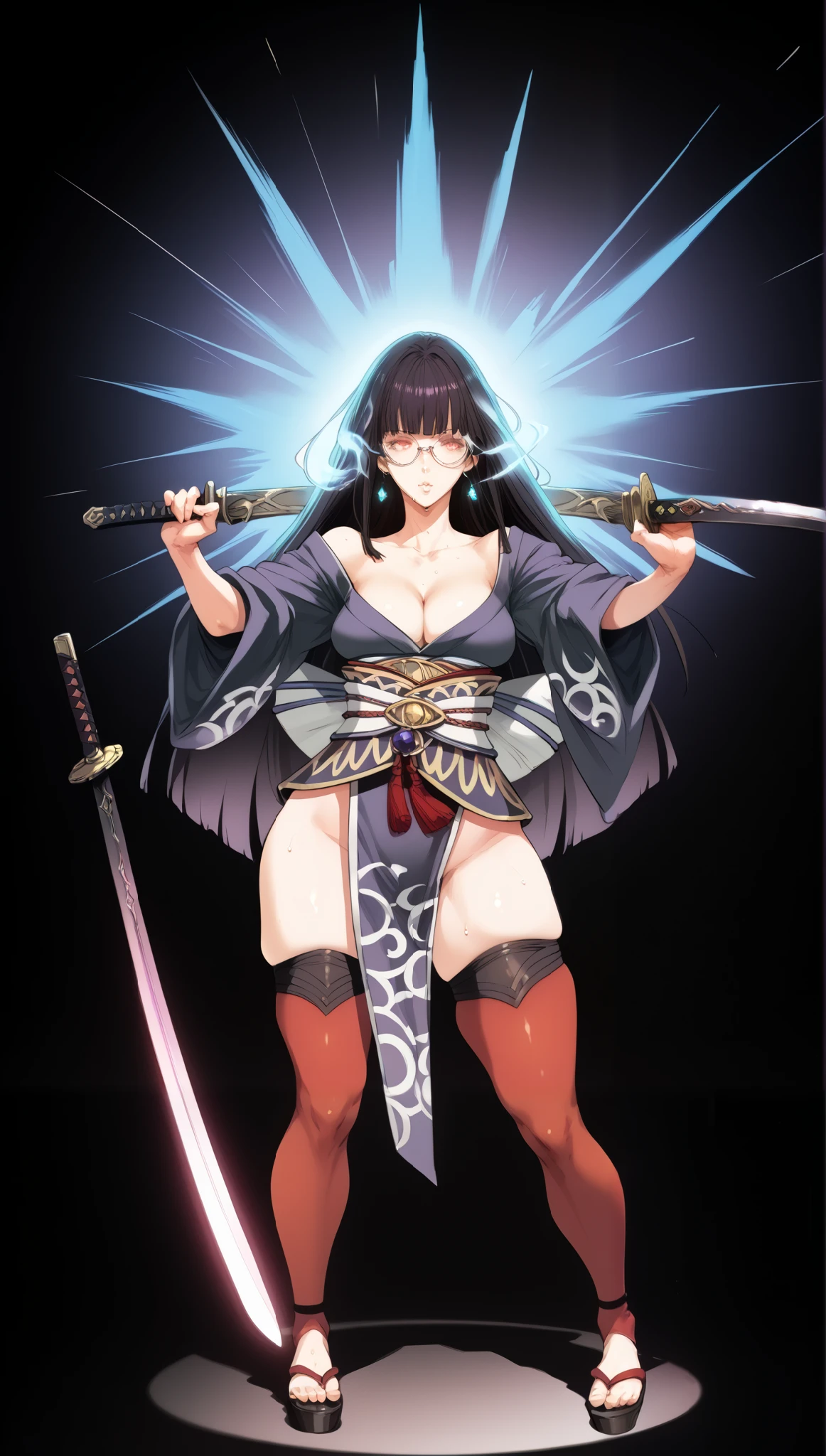 (cutesexyrobutts style:0.8), (neisan style:0.7), asura style, score_9, score_8_up, score_7_up, score_6_up, uncensored, glass, long hair, bangs, black hair, blunt bangs, hime cut, red eyes, slit pupils, bright pupils, medium breasts, glasses, (rounded glasses:1.3), (skindentation:1.2), BREAK detailed eyes, (perfect hands, perfect anatomy), detailed eyes, (perfect hands, perfect anatomy), (skindentation:1.2), excessive sweating, sweating profusely, sweating drop, (gasping, heavy breathing:1.2), (glow effect:1.2), beautiful detailed eyes, beautiful detailed lips, extremely detailed face and portrait, elegant expression, soft warm lighting, volumetric lighting, cinematic composition, detailed environment, lush garden, vibrant colors, intricate details, masterpiece, high resolution, digital painting, excessive sweating, sweating profusely, sweating drop BREAK, 1girl, breasts, solo, weapon, sword, japanese_clothes, thighhighs, cleavage, sheath, katana, jewelry, kimono, earrings, dual_wielding, sash, magatama, looking_at_viewer, obi, holding, leaf_print, detached_sleeves, short_kimono, holding_weapon, full_body, unsheathing, black_background, holding_sword, magic, fantasy, (aura:1.2), black_thighhighs, sandals
