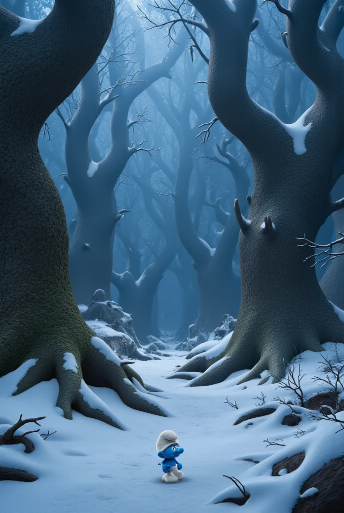 A cold winter forest with lots of ice and frost. Creepy looking with lots of fog. There's a lonely little smurf walking around. Art of Peyo. Very dense and scary forest. Forest looks like the snow white cartoon.
