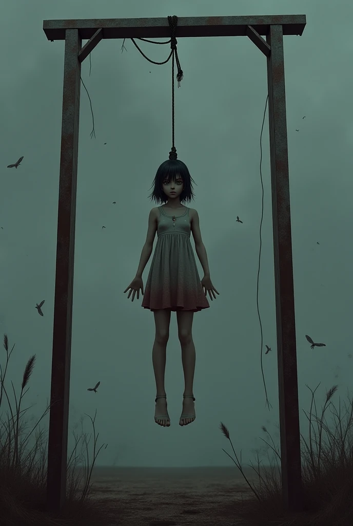 Scene Four Girl in White Thigh High Socks, hanged, execution, gallows, hovering in the air, many people around, thòng lọng, dance