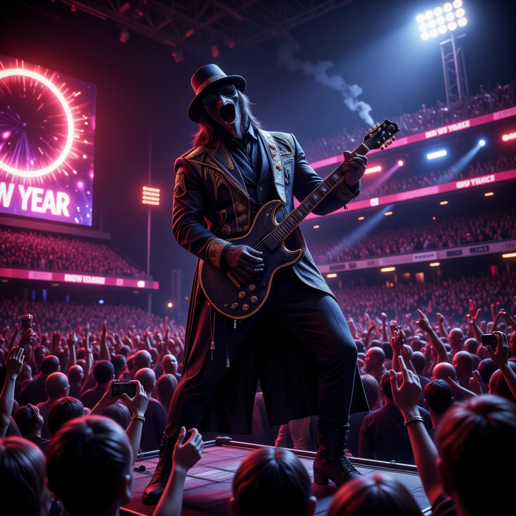 Muscular Anthropomorphic raven donned in intricate black suit with gold trim made of diamonds and a black diamond fedora. Diamonds cover his beak. Dynamically singing and guitar playing. Wears large sunglasses. Obsidian, the lead singer and guitarist of the "Obsidian Flow Project", printed on the bass drum. Dynamically sings to a retro style microphone while dynamically playing his guitar. Spotlight on him. Behind the open air stage, large neon sign and jumbotrons Fireworks burst. New Years Eve stadium concert, with a huge crowd cheering at him, take pictures of obsidian and reacjing for him to touch him, facing him, their hands in the air as they scream in excitement. Crowd is facing Obsidian as he plays. Huge jumbotron shows him performing. Dynamic blues band scene, dynamic pose, High Resolution, Masterpiece, Cinematic, Character Design, Hyperdetailed, Cinematography,  cinematic lighting, Depth Of Field, Sparkle, Ray Tracing, Image Fill, Realistic posing