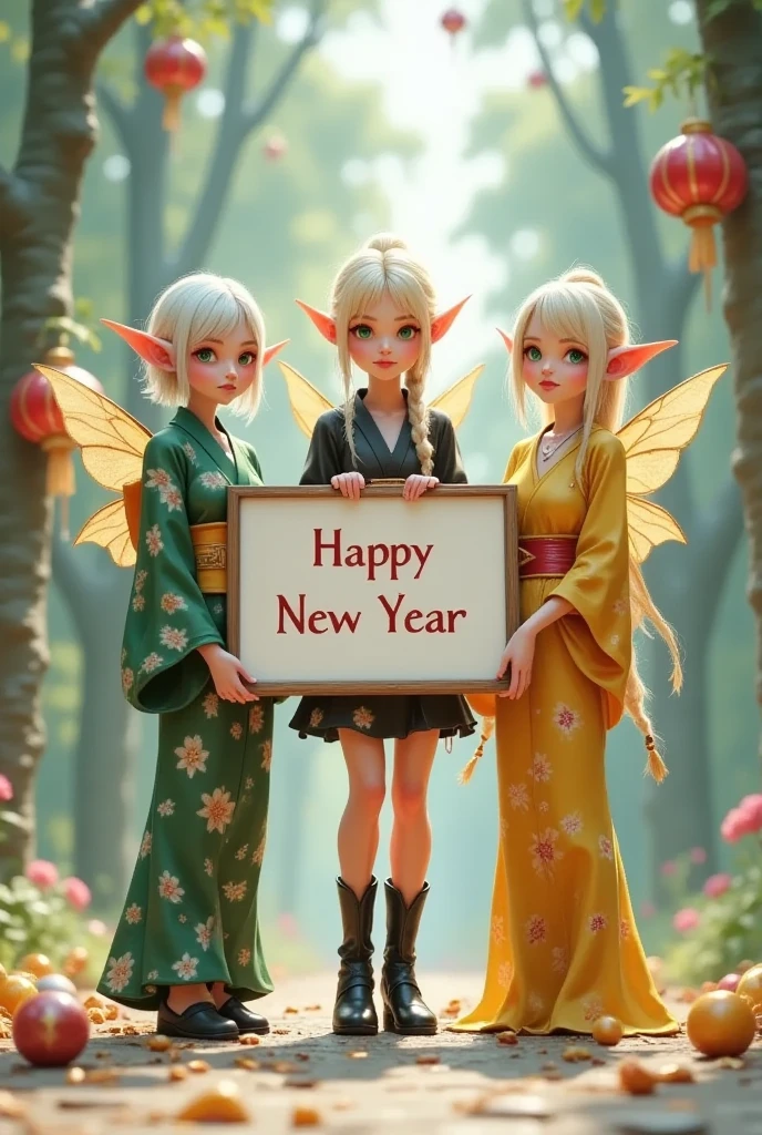 Super realistic illustration, Detailed Fantasy art, Cinema 4D rendering, 3girls, full body, 3 elves are holding a board with happy smile, the words "Happy New Year" written in large letters in it. (left elf is silver short bob hair, green eyes, Patterned mini green kimono). (center elf is braided blonde hair, Azure eyes, gold bangle, Patterned mini black kimono), (right elf is blonde pixie cut hair, Azure eyes, silver necklace, Patterned mini yellow kimono). sharp focus, backgrond is New Year Decoration