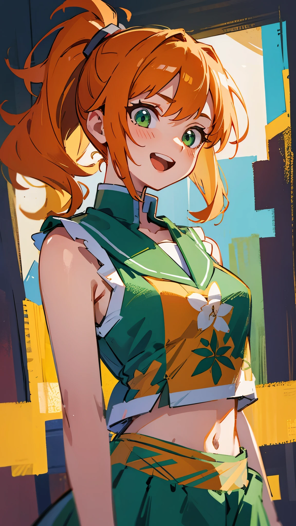 masterpiece, best quality, 1girl, red lips, solo, green eyes, green and yellow body suit, curly hair, multicolored hair, white hair, auburn hair, two-tone hair, ombre, Rogue of the X-men, Anna Lebeau, bangs, hood, side lighting, skiny skin, superhero, best illustration, ((Genshin Impact)), kawaii, anime, shiny skin, NeonLighting NeonLightingScene