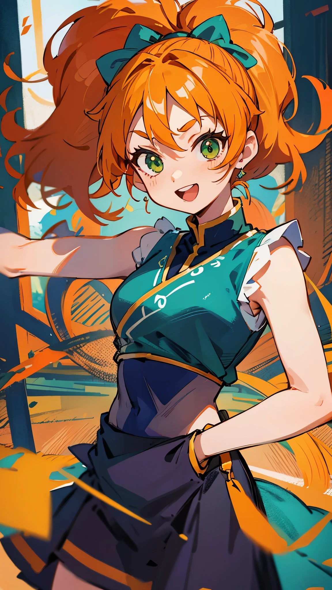 young girl, llong orange hair, Fox ears, Cyan eyes, Chinese sleeveless dress, ssmile, Masterpiece, hiquality