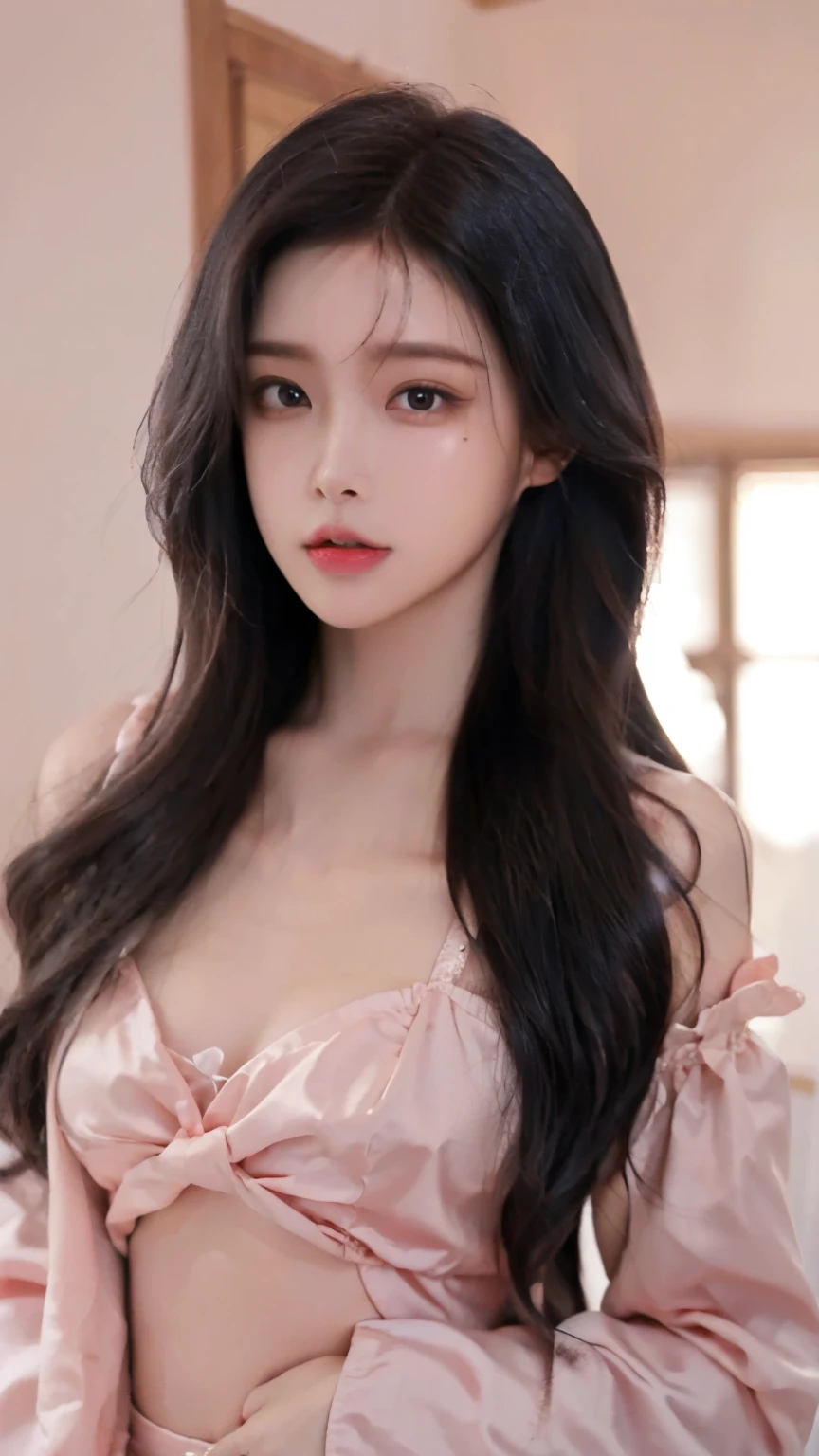 (Masterpiece, photo realistic, high resolution:1.3, RAW Photo, Ultra detailed), (upper body), 1 girl with perfect figure, super fine face and eyes, black curly hair, pink pajamas, inside house, (small breasts), high nose bridge, heart shape lips, glow up, pale skin, ((look at camera))