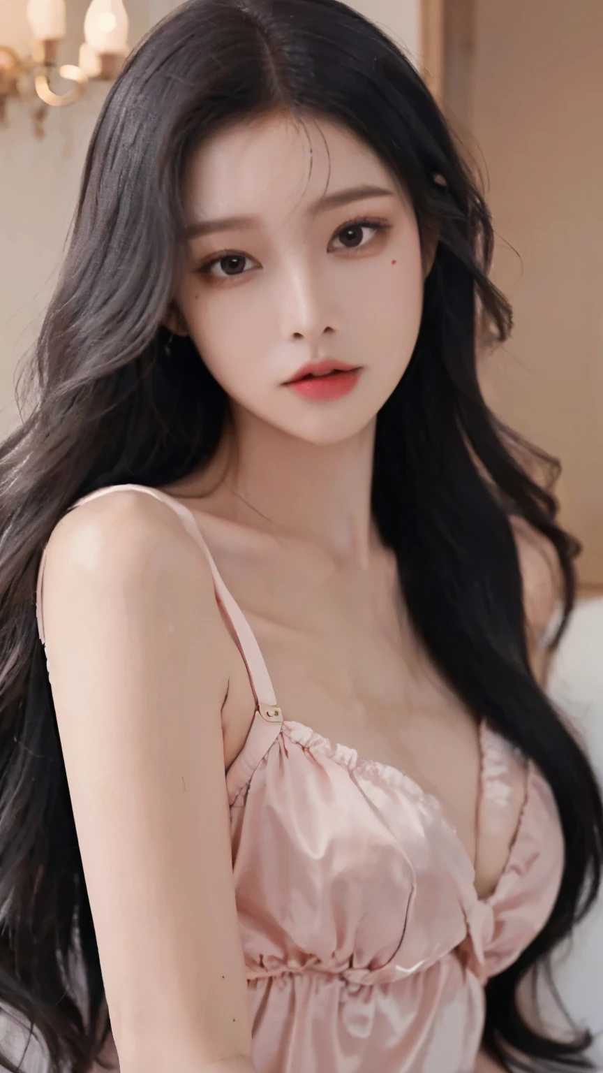 (Masterpiece, photo realistic, high resolution:1.3, RAW Photo, Ultra detailed), (upper body), 1 girl with perfect figure, super fine face and eyes, black curly hair, pink pajamas, inside house, (small breasts), high nose bridge, heart shape lips, glow up, pale skin, ((look at camera))