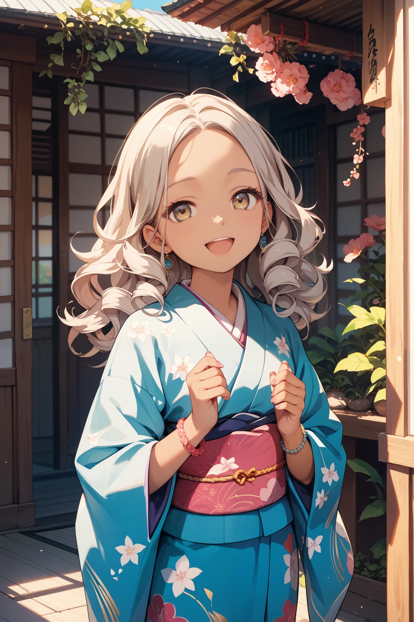 (masterpiece), (best quality), (high resolution), from front, 1girl, tan, shirine, sunlight, grey hair, long hair, forehead, curly hair
, happy, blonde eyes, open mouth, small breasts, kimono, bracelet, pink fingernails, standing