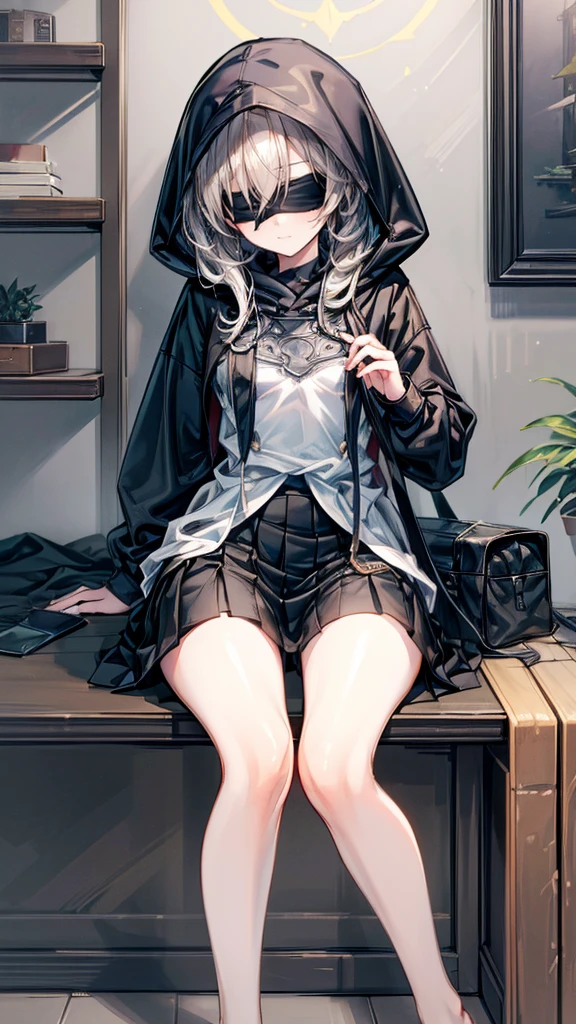 ((True best masterpiece, Ultimately perfect quality, Extremely delicate details)), (Blindfold, Hoodie, Skirt), A skinny girl with small bust, With a blindfold, Wearing a white hoodie, Wearing a black skirt, Casual coordination, Smiling, Sitting down on the bed, Modern interior