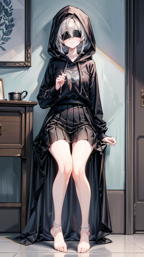 ((True best masterpiece, Ultimately perfect quality, Extremely delicate details)), (Blindfold, Hoodie, Skirt), A skinny girl with small bust, With a blindfold, Wearing a white hoodie, Wearing a black skirt, Casual coordination, Smiling, Sitting down on the bed, Modern interior