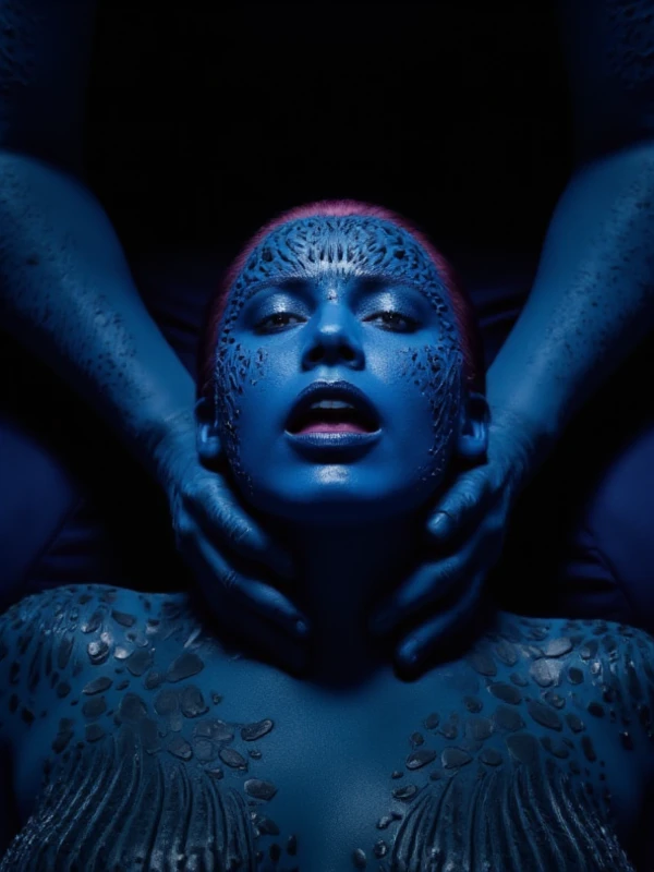 Mystique being choked to death by two hands, dead expression, tongue out, eyes open