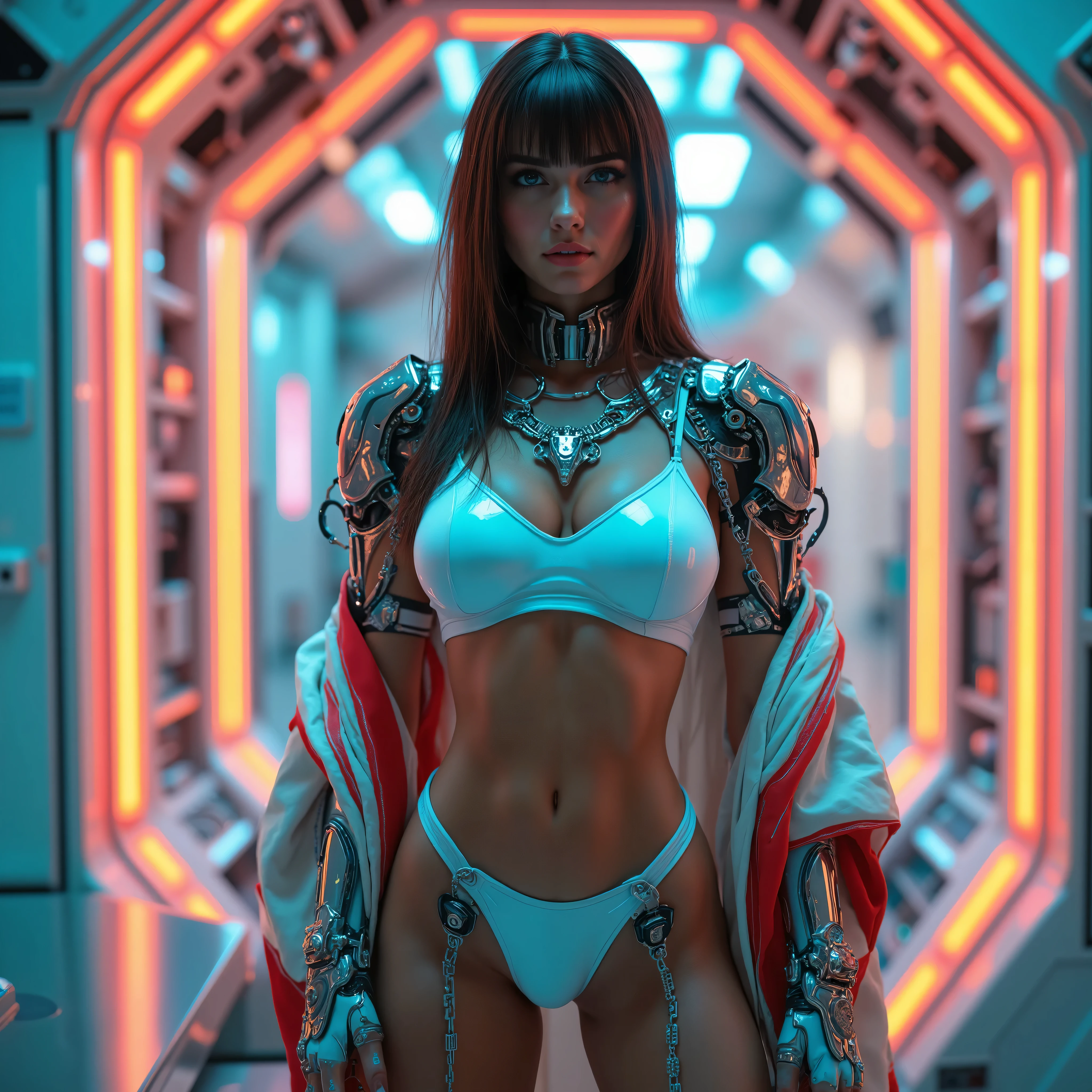 Breathtaking Beauty, Perfect Composition , is standing, Sharp Focus, proper placement, Golden Ratio, high definition, top quality, EXQUISITE RESOLUTION, super detailed, masterpiece, Photo realistic, 32k resolution, beautiful French woman, (Mature Skinny mixed Arabian Woman:1.331), Futuristic Fashion, fashion portrait, top quality, realistic , (White ceramic sports underwear), (Reinforced Plastic_ceramic_A complex fusion of leather:1.37), red ceramic harness, (Minimal Surface Area:2.0), Intricately Engineered Turquoise Harnesses, thong panties, complex joints, Complex shoulder harness, headgear, Intricate and futuristic accessories, Reflective surface, Calm expression, Graceful Posture, The beauty of minimalism, Advanced Technology, A harmonious posture, Amazing Complexity, COMPLETE ANATOMY, Has a Small Head, Brown Hair, straight hair, sweaty body, detailed face, Delicate, realistic oily skin texture, Inside a neon colored spaceship, Dynamic Emotional Cinematic Light, cool model posing