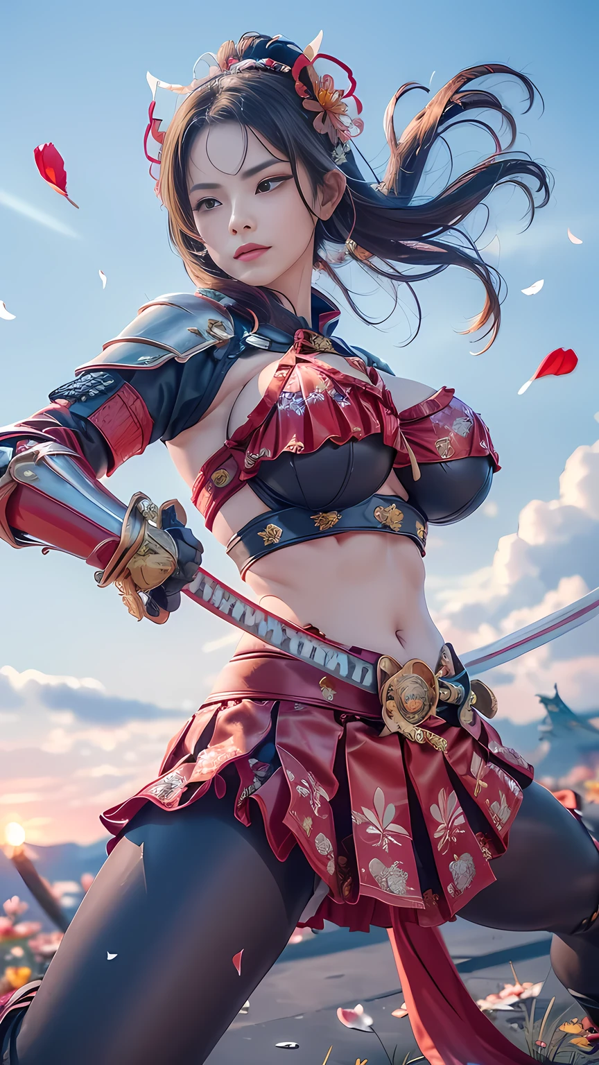  young woman, ((Oiran)),warrior,((wielding a katana_weapon:1.3)), very detailedな, realisti,seductive smile,((Combat Stance:1.8)),((acrobat pose)),  Brilliant Appearance , Creative Action,  extremely detailed, Imaginative,  Sensual, spontaneous ,  top quality ,  skin texture, ((half updo hair)),((raven black)), toned body ,(huge breasts:1.6), plump thighs, ( red armor with Southern Sky flower pattern engraved ),((Red Armor)),(( leather  samurai armor knight)), bikini type design that emphasizes chest exposure ,(underboob), ((Wear a red cape with a Southern Sky floral pattern)), ((white ruffled skirt:1.3)),  white shin guard with Southern Sky flower pattern engraved ,  red high-leg underwear , White tights,  absolute domain,  intricate detail , (( sunrise:1.3)),((Meteor shower:1.3)),(()), ((southern sky flower petals background:1.3)), ((southern sky flower petals:1.3)), ((southern sky flower petals dancing in the wind:1.3)),(Southern flowers in full bloom ),(前面にSouthern flowers in full bloom ), (confetti),  RAW photos , 8k, masterpiece,  top quality , ultra detail, very detailed,  intricate detail , high res,超 intricate detail, very detailed 8k cg wallpaper,