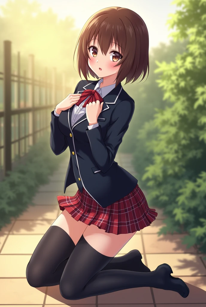 ((table top, highest quality, High resolution, nffsw, perfect pixel, 4k, nffsw, nffsw))), 1 girl, sayuogiwara,single, alone, beautiful woman、I could see the whole body、 ((brown eyes, beautiful eyelashes, realistic eyes)), ((detailed face, blush:1.2)), ((smooth texture:0.75, realistic texture:0.65, realistic:1.1, Anime CG style)), medium breasts, dynamic angle, perfect body, ((red bow tie, school uniform, black jacket, open jacket, brown cardigan, white shirt, black skirt, plaid skirt)), city stairs、Looking up from the bottom of the stairs、Very embarrassing panic smile, looked back、lean forward、(The wind flipped my skirt and exposed my butt.........................、touch your butt with both hands、pink floral lace panties)、