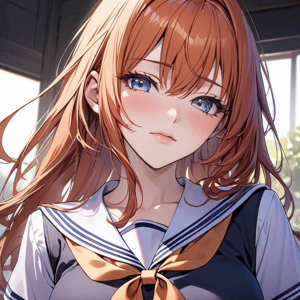 (( top quality )), ((masterpiece)), ( Details), （perfect face）、Orange-haired Maya Cordelia is wearing a schoolgirl uniform